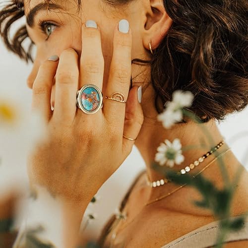 Miniatura 2 de HZMAN Anillo abierto turquesa natural, estilo palacio vintage, ajustable, de latón antiguo, grueso, joyería hecha a mano para mujer