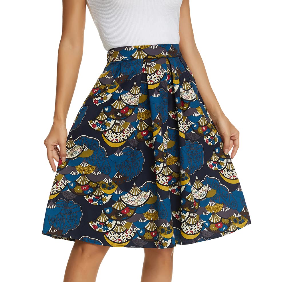 Tandisk Women's Vintage A-line Printed Pleated Flared Midi Skirt with Pockets