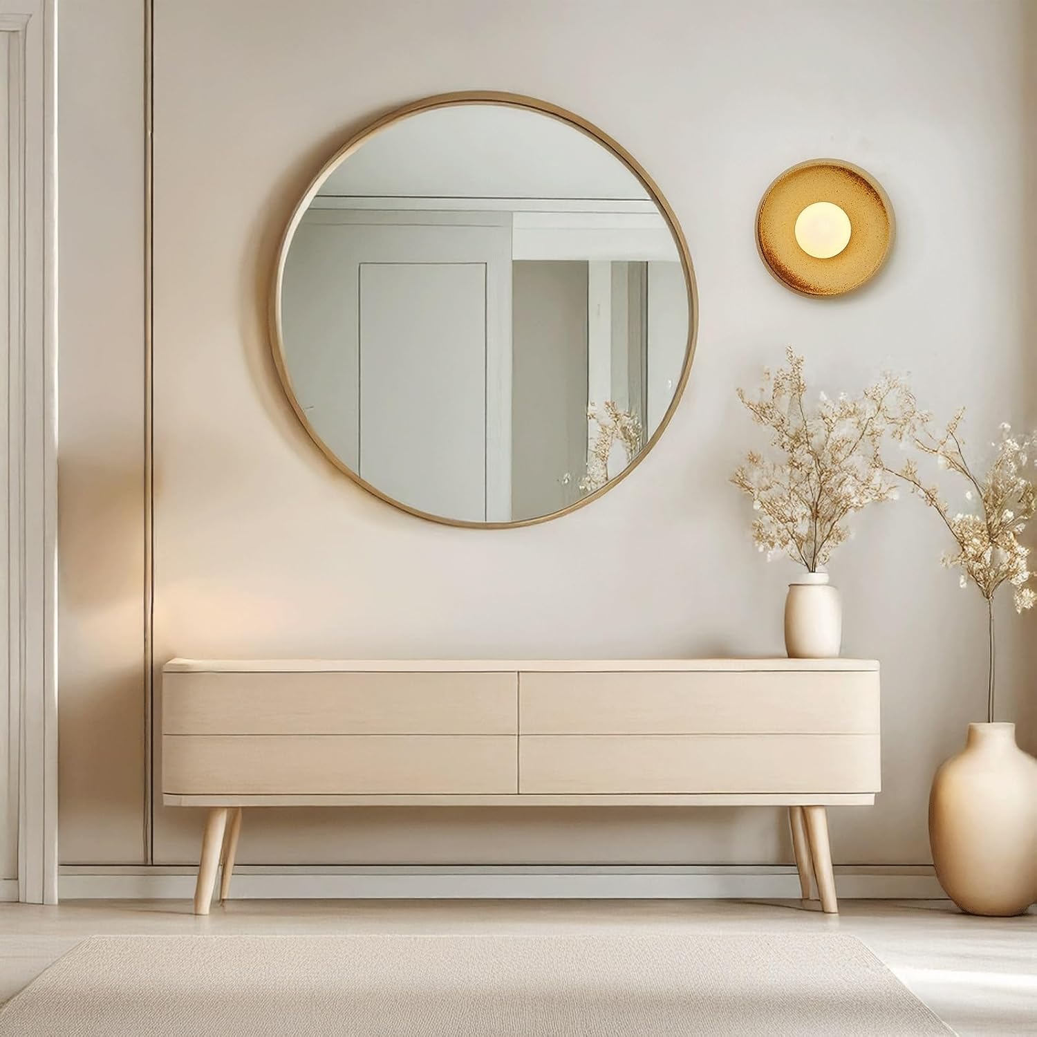 Wall Sconce Modern Artistic Ceramic Shade Wood Base Wall Light Textured Earthy Tone Hardwired Indoor Wall Lamp Decorative Ambient Lighting for Bedroom Living Room Hallway Wall Mounted Light