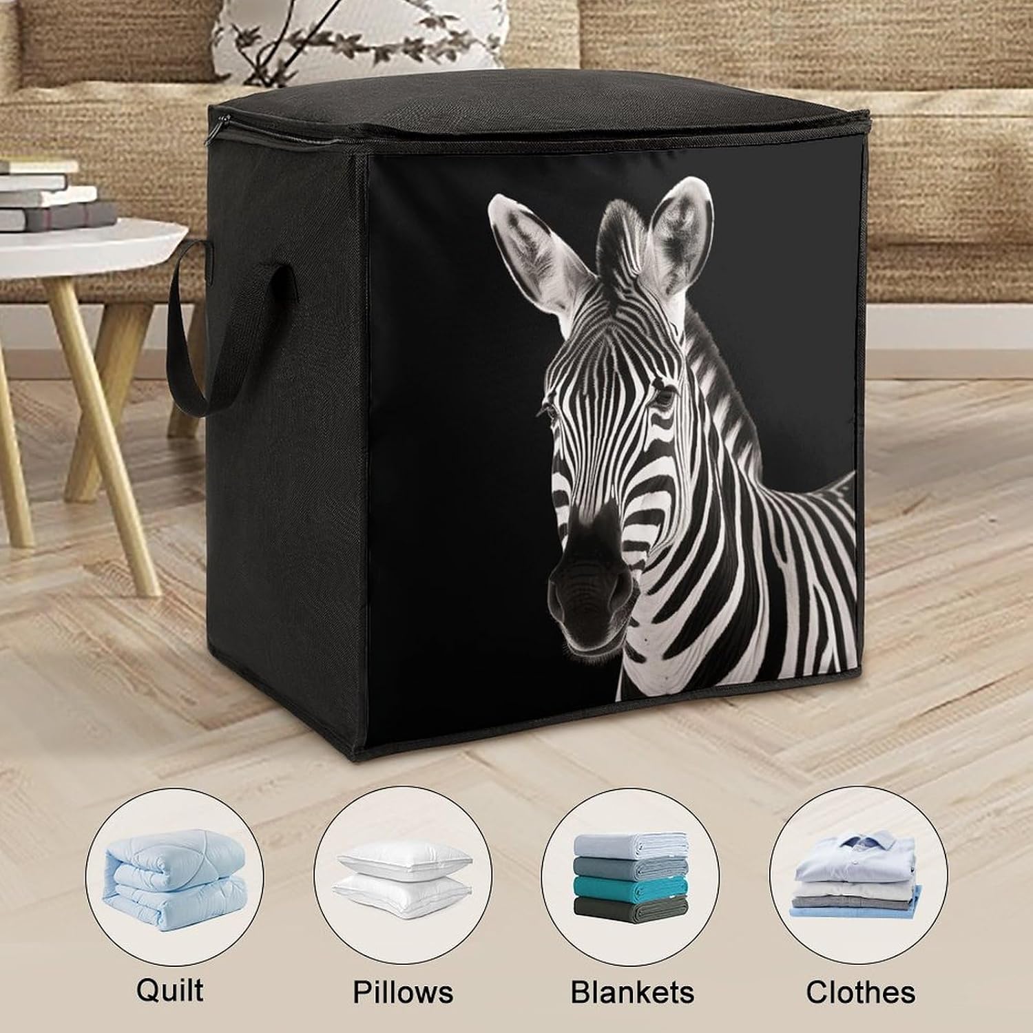 Large Zebra Storage Bags with Handle Foldable Closet Organizers Clothes Storage Bins Bedding Storage Containers Fabric Moving Bags Blanket Comforter Storage Bag 70L