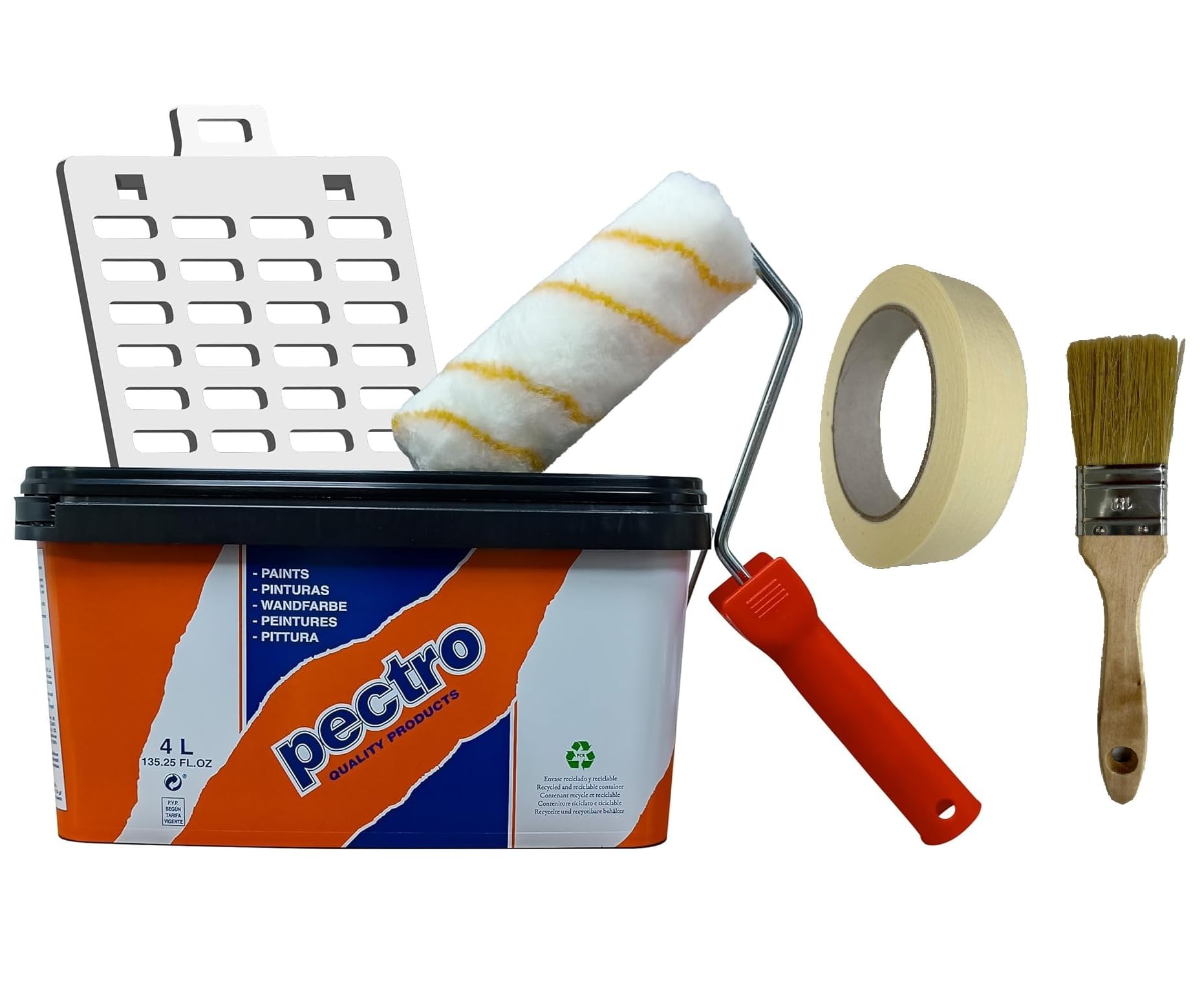 PECTRO Set Peinture blanche mur et plafond 6,6kg (4L) Kit avec rouleau, pinceau, grille et ruban | Interieur Exterieur Enterrés - Acrylique et lessivable au fort pouvoir couvrant - Emballages recyclé