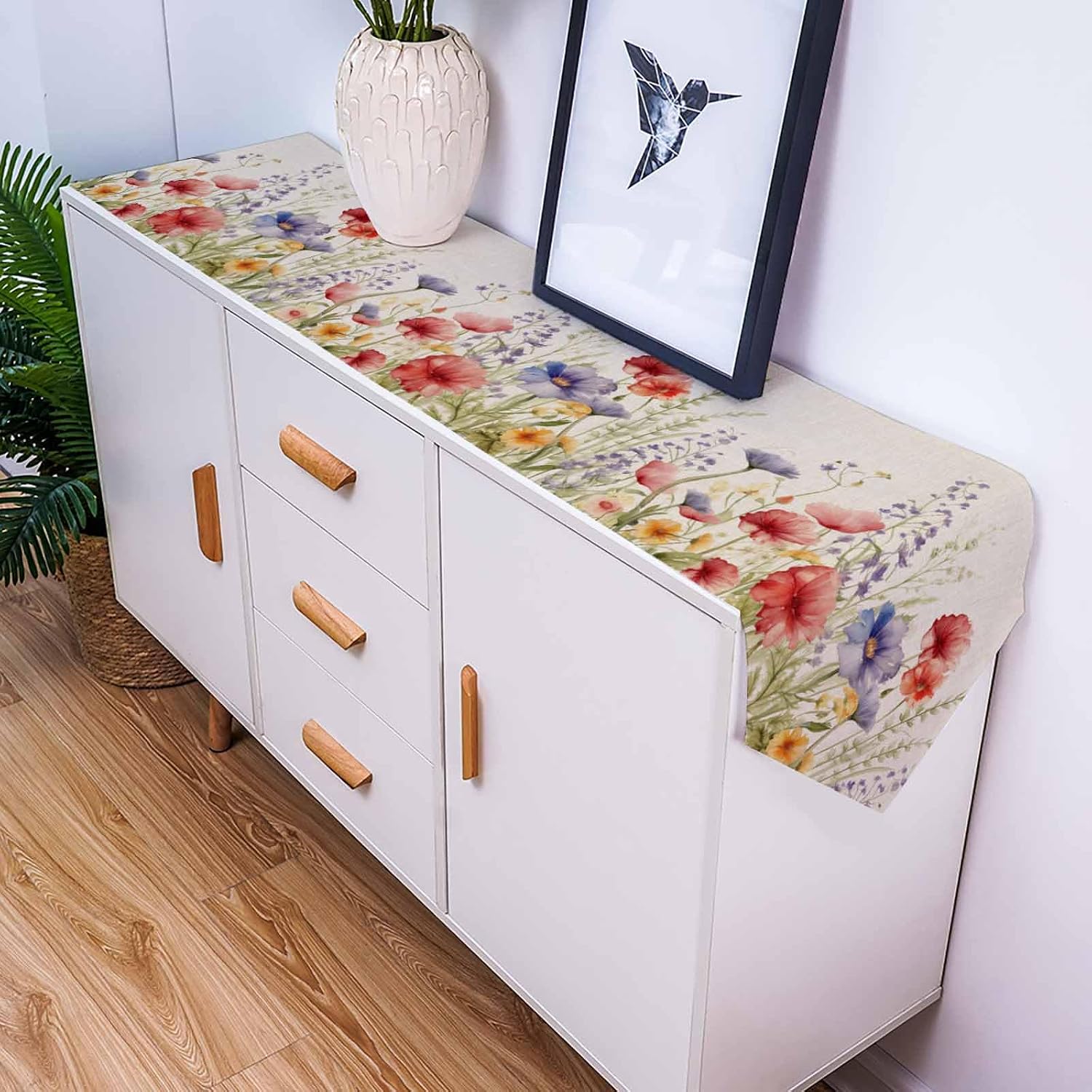 Spring Floral Table Runner Burlap Watercolor Garden Flower Green Leaves Plants Table Runners Seasonal Table Setting for Indoor Outdoor Home Kitchen Dinning Holiday Party Decor 13x108 Inch