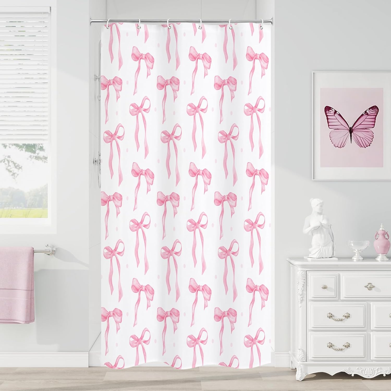 Litabel Cute Bow Shower Curtain, Yellow Aesthetic Bowknot Shower Curtain for Bathroom, Modern Minimalist White Waterproof Fabric Shower Curtain Set, 72x72 Inch