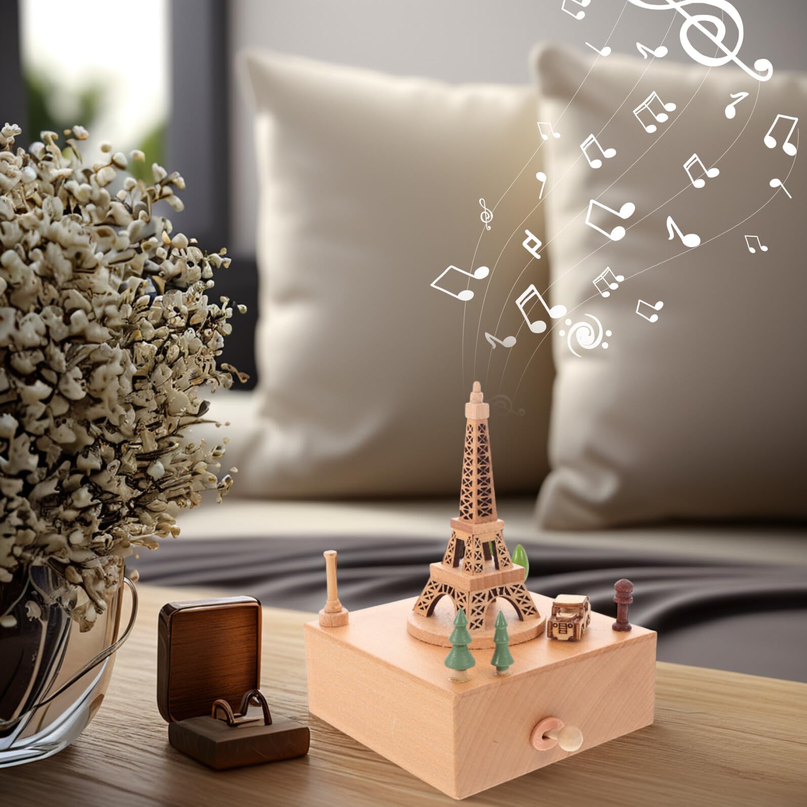 Baluue Caja de Música de Madera con Diseño Torre Eiffel Carrusel Musical para Niñas Adorno Decorativo para Dormitorio Obsequio Infantil para Cumpleaños y San Valentín Melodías