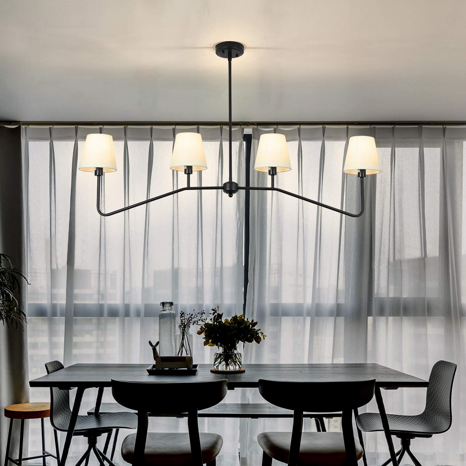 4-Lights Kitchen Island Linear Pendant Lighting Fixture, Classic Linear Chandelier with White Linen Shades Matt Black Hanging Island Table Light Fixture for Kitchen Island Dining Room