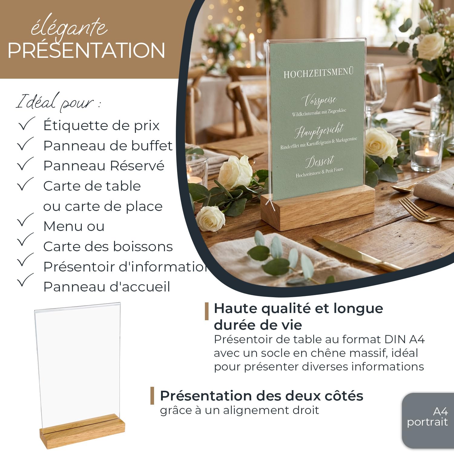 HMF 46944 Présentoir de table en acrylique avec pied en bois | Porte-affiche DIN A4 format portrait | Présentoir de buffet apéritif transparent | 20 pièces