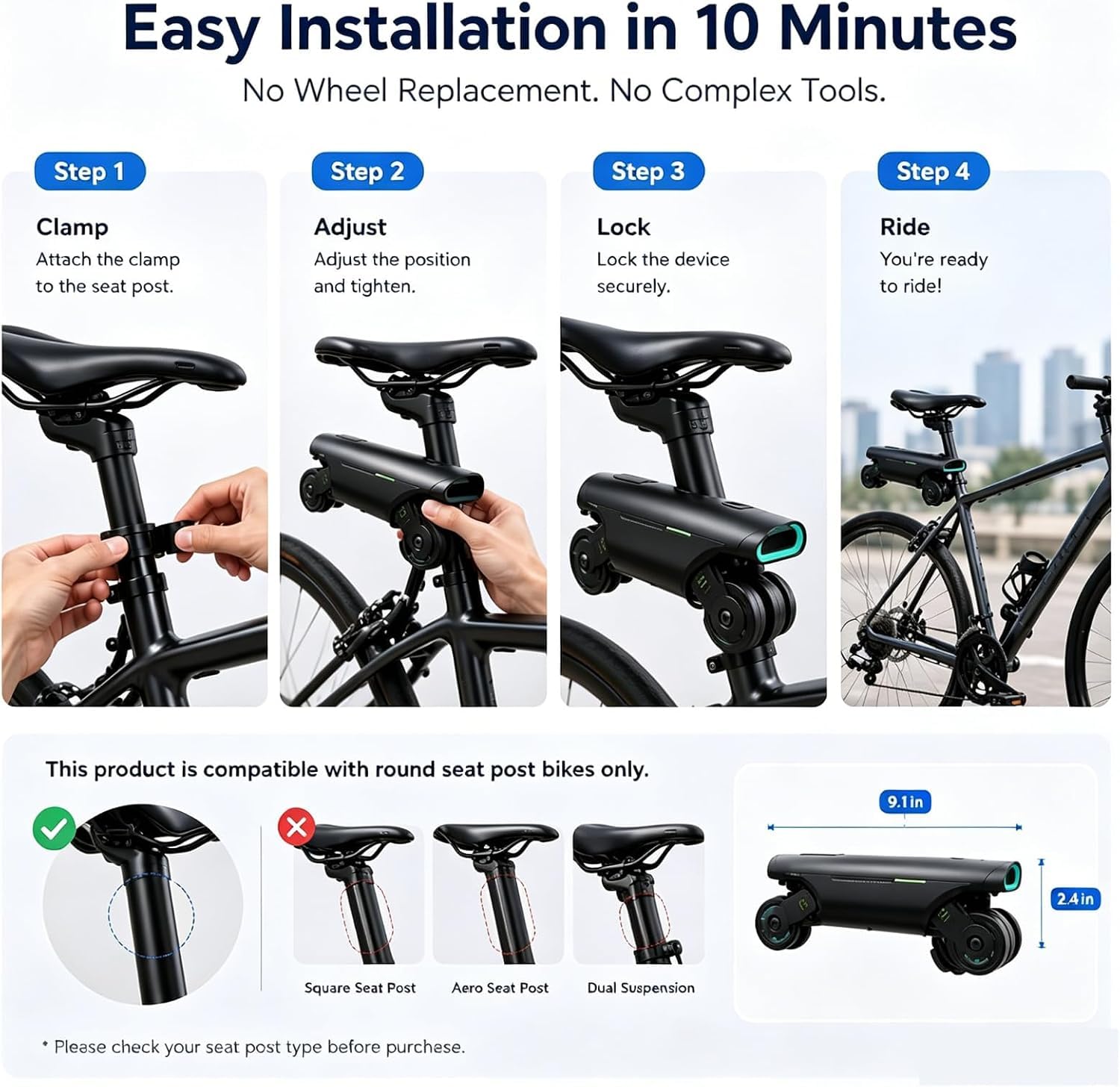 Kit di conversione per Bici elettrica Portatile, Dispositivo di Assistenza alla pedalata con Batteria Integrata e Motore da 200 W per spostamenti in Città e Viaggi. (Blue)