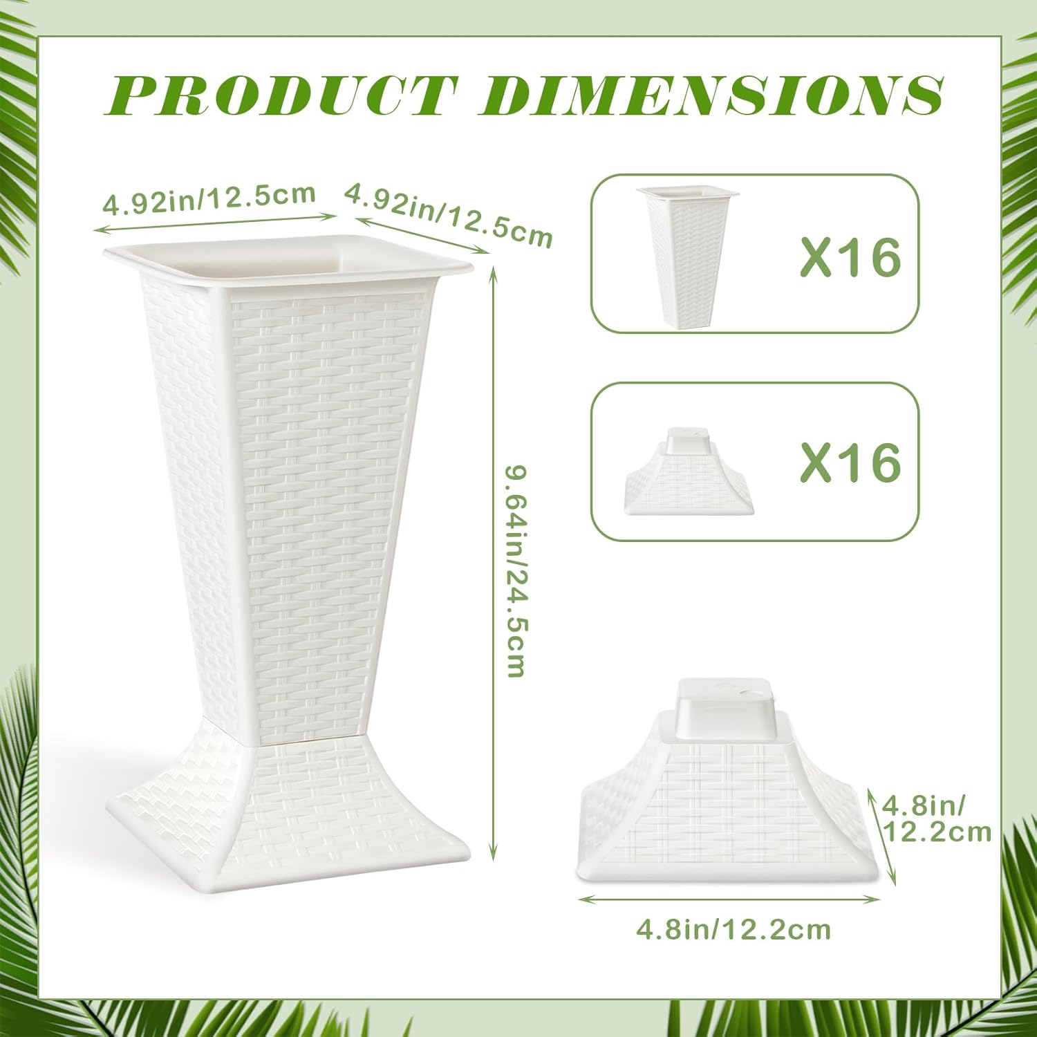 16 Pcs White Flower Buckets for Cut Flowers 9.8 inch Plastic Floral Buckets Modern Square Vases for Displaying Flowers in Florist Shop or Home Wedding Table Decorations