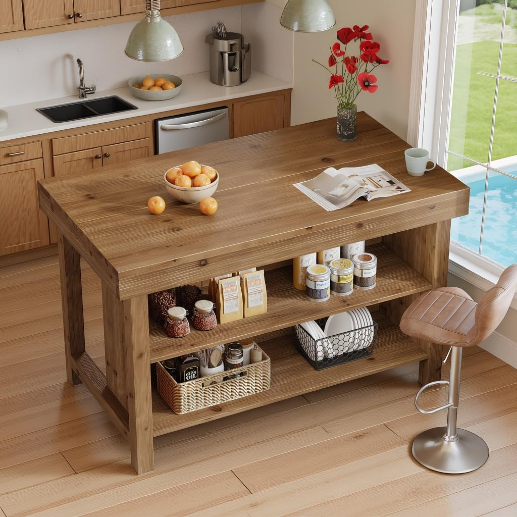 55" Solid Wood Kitchen Island with Storage, Farmhouse Kitchen Island Table with 3-Tier Open Shelves and Large Countertop for Kitchen, Dining & Living Room, Natural Oak