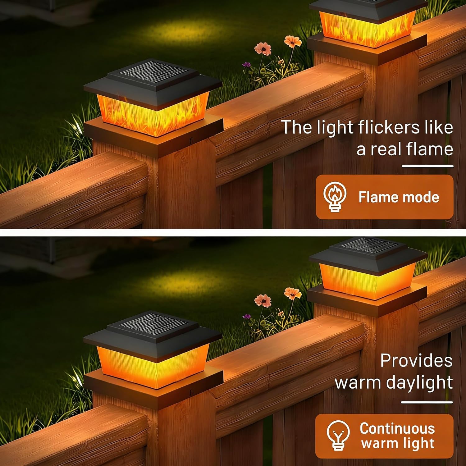 HoldOneLight Solar-Pfostenkappenleuchten, 6er-Set – warmweißer Flammeneffekt, wasserdicht (IP65), für 11 x 11 cm große Zaunpfosten, Terrassendielen und Terrassen (Flammenlampe 6packs)