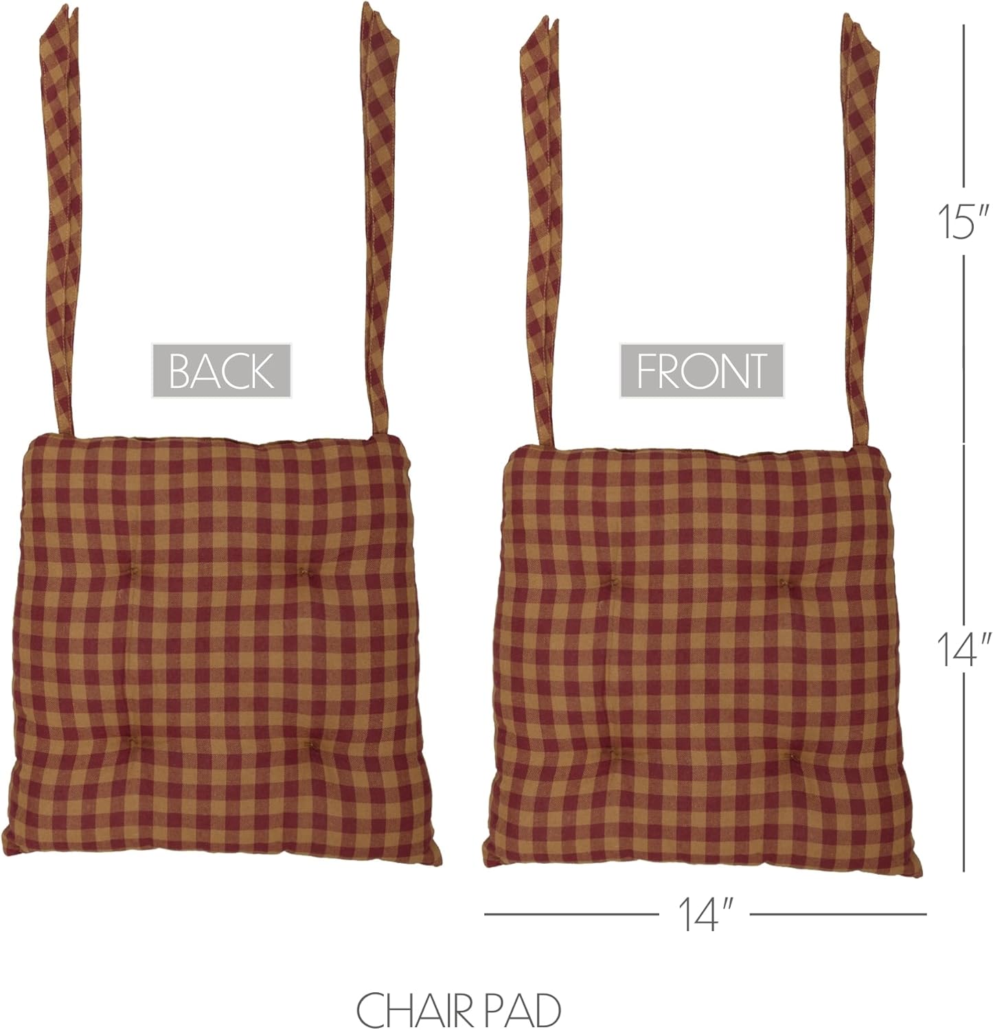 VHC Brands Burgundy Check Primitive 14 in Chair Pad Red Cotton Tie Back(s) Square Kitchen Table Decor