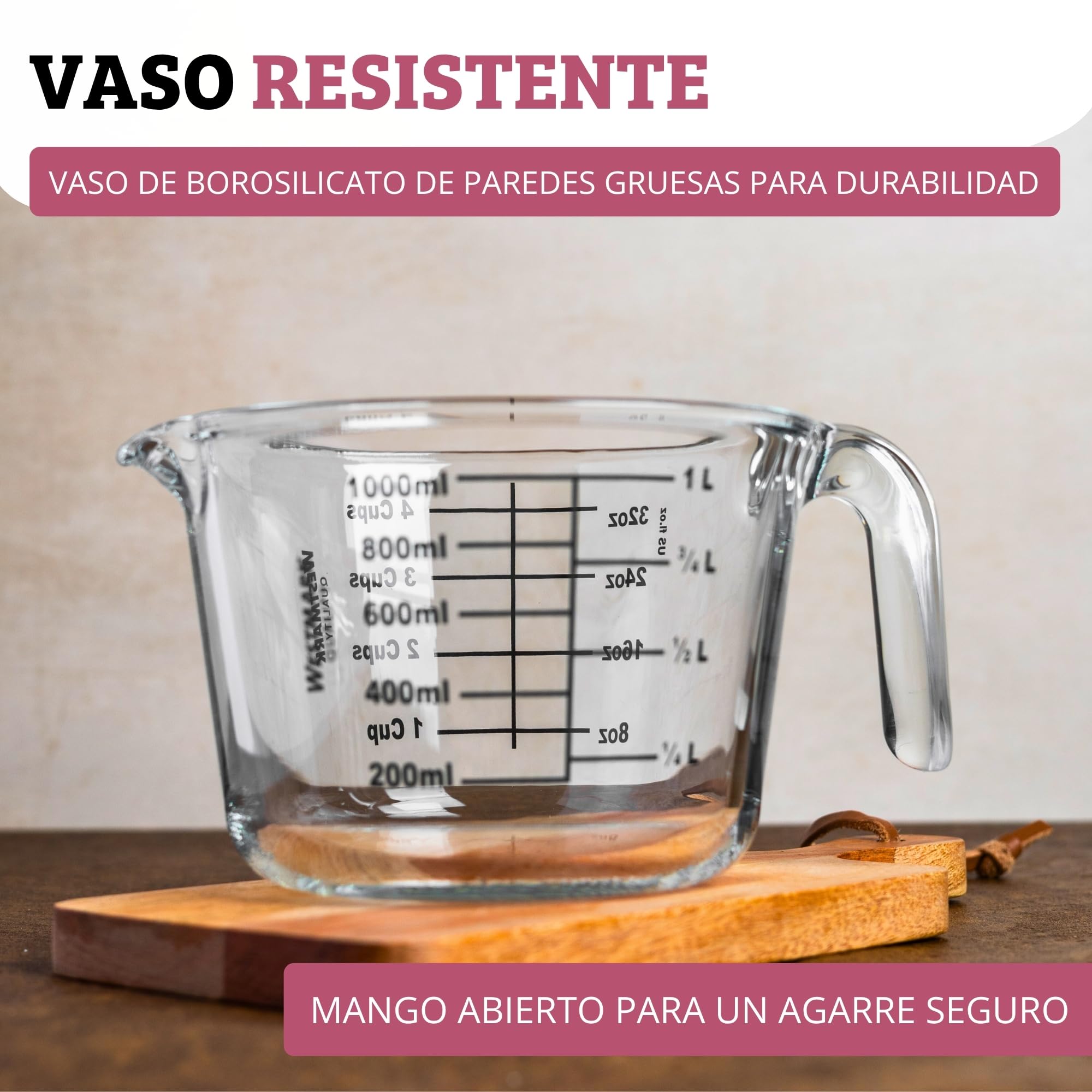 Westmark Jarra medidora, volumen de llenado: 1 L, apto para horno, microondas, congelador, vidrio de borosilicato, transparente/negro, 30632260