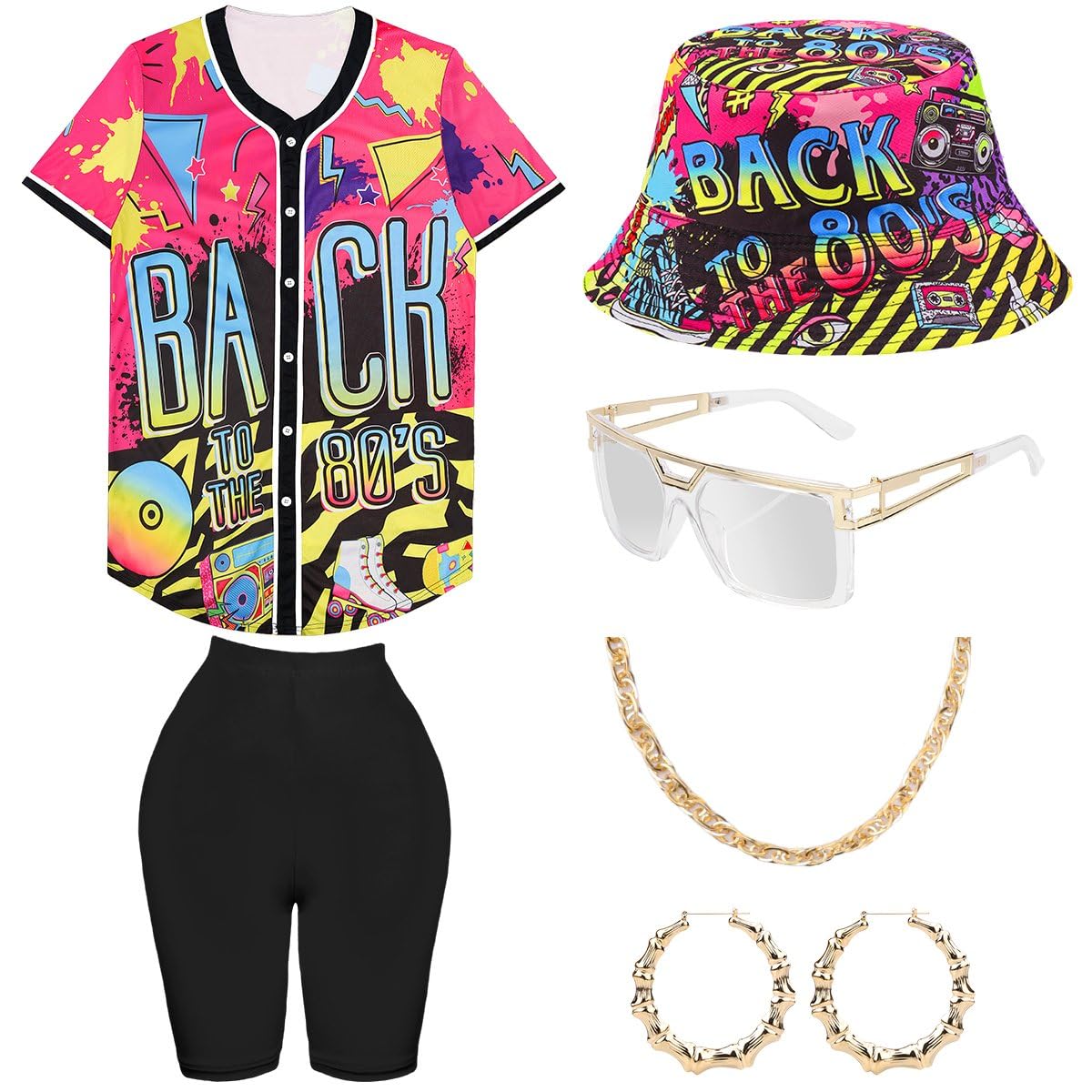 WILDPARTY 80s 90s Hip Hop Costume Outfit for Women Baseball Jersey Shirt Yoga Pants Bucket Hat Gold Chain Rapper Accessories 1990s 1980s Neon Clothes Retro Party Pattern-N M