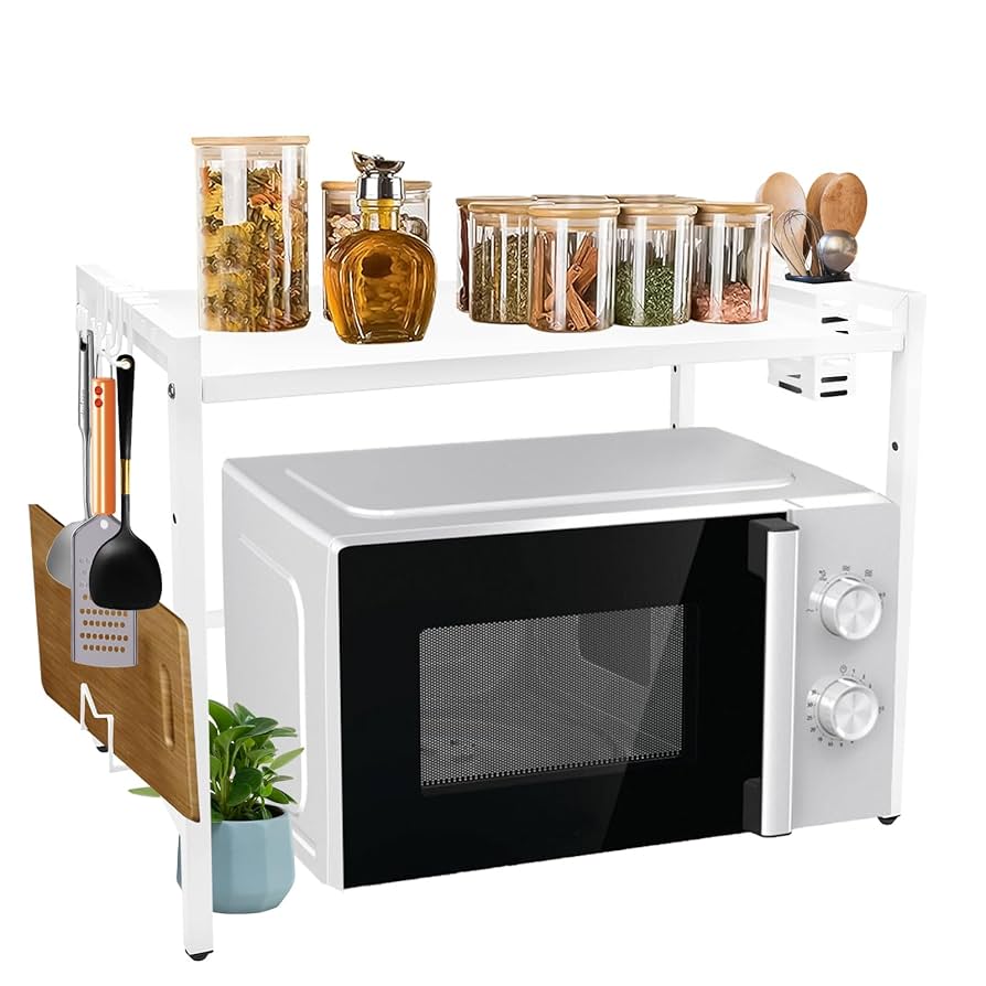 Jnismy 2 Tier Expandable Microwave Oven Rack,Kitchen Counter Organizer Shelf Stand Cutter Holder Chopping Board Stand Adjustable Carbon Steel Kitchen