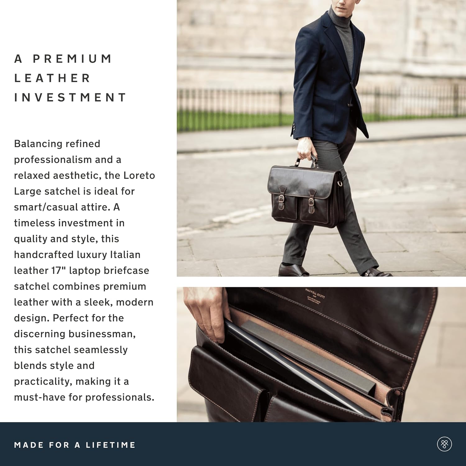 Maxwell Scott - Mens Leather 17" Laptop Briefcase Satchel with Padded Strap - Made from Full Grain Hides - The Loreto Large