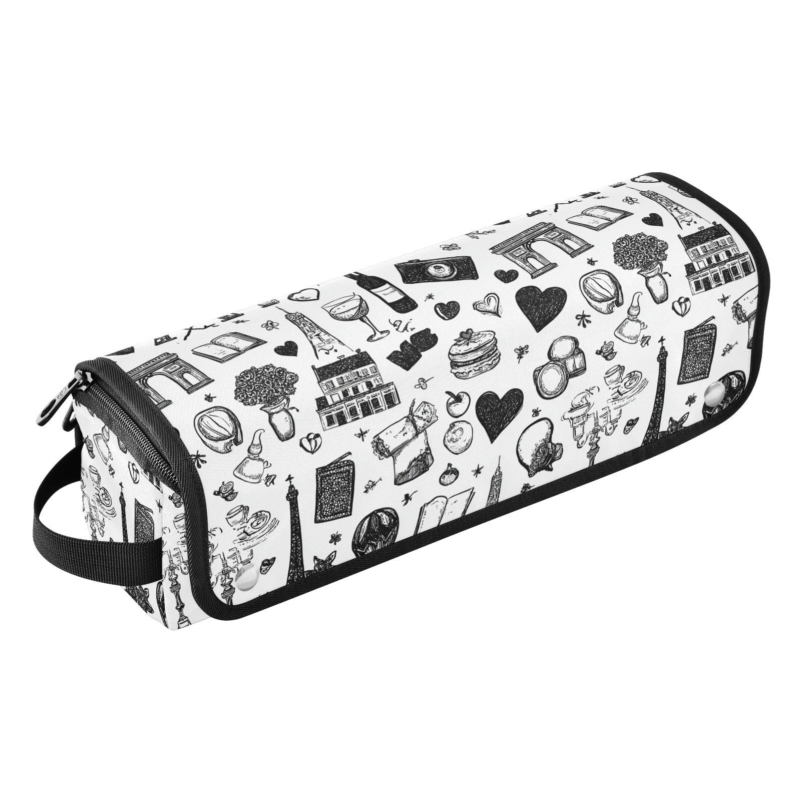 Paris Doodle Black White Hot Hair Tools Travel Bag for Flat Irons, Straighteners, Curling Iron Hair Styling Tools Organizer for Women Heat Resistant Mat Large Capacity Wide-Open pouching-image-7
