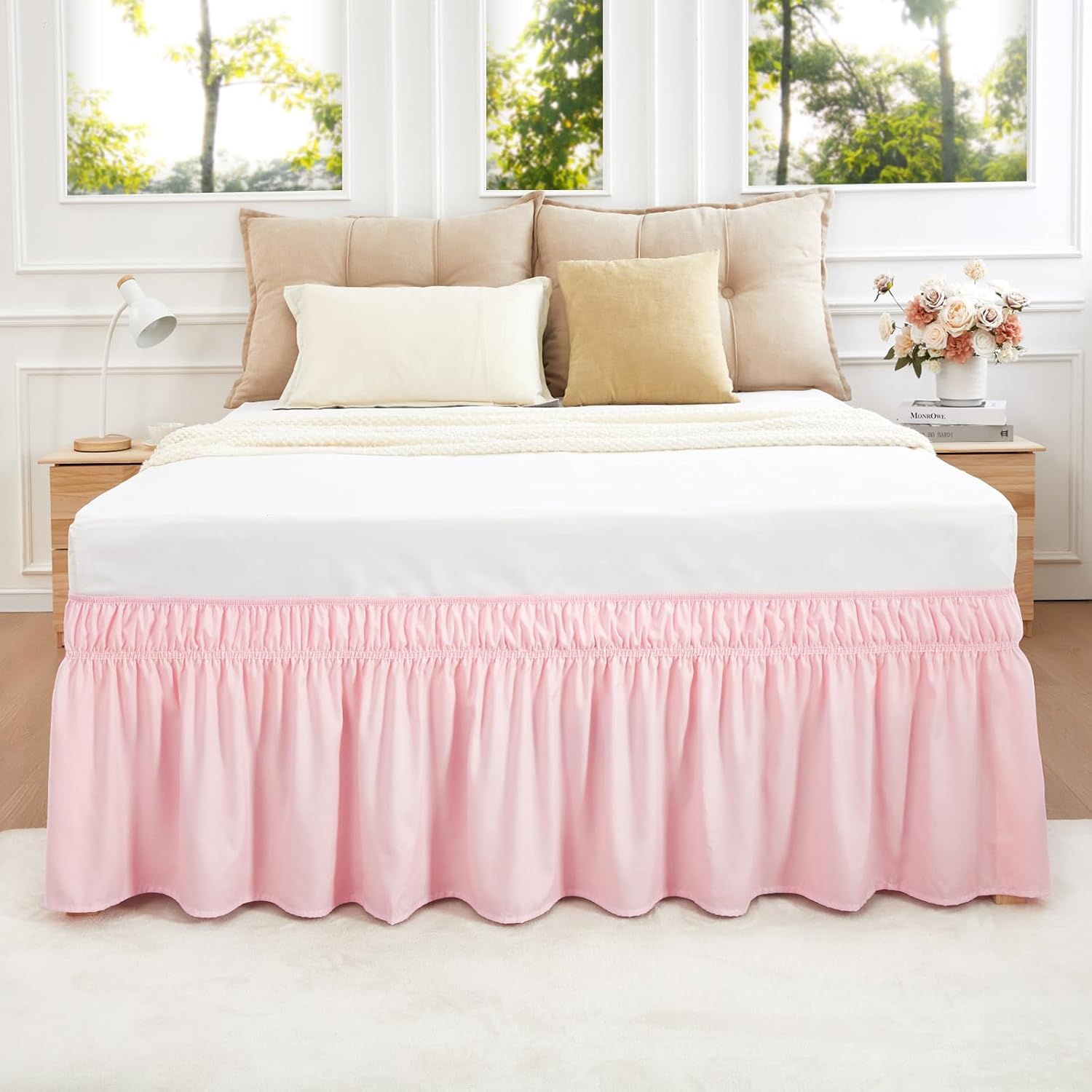 Vocander Pink Full Size Bed Skirt 14 Inch Drop, Elastic Wrap Around Dust Ruffle Bed Skirting Easy to Install, Adjustable Tailored Bedskirts Fade & Wrinkle Resistant Pink Full-14" Drop