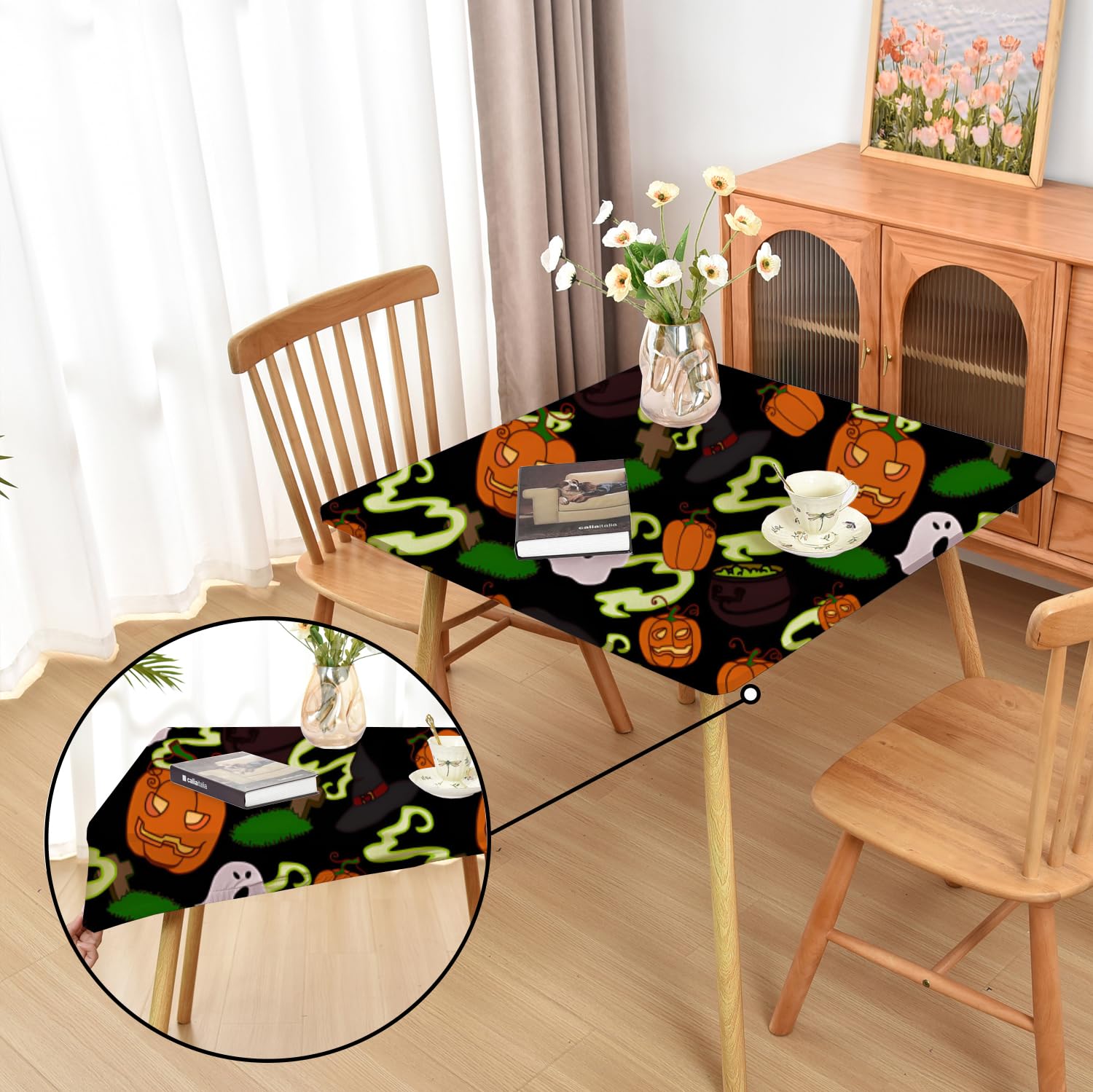 Amonsa Halloween Table Cloth Square Fitted Tablecloth with Elastic Edge: Stretchy Washable Fabric Cloth Coffee Table Protector Pumpkins and Ghosts 34x34 Inch — image 1