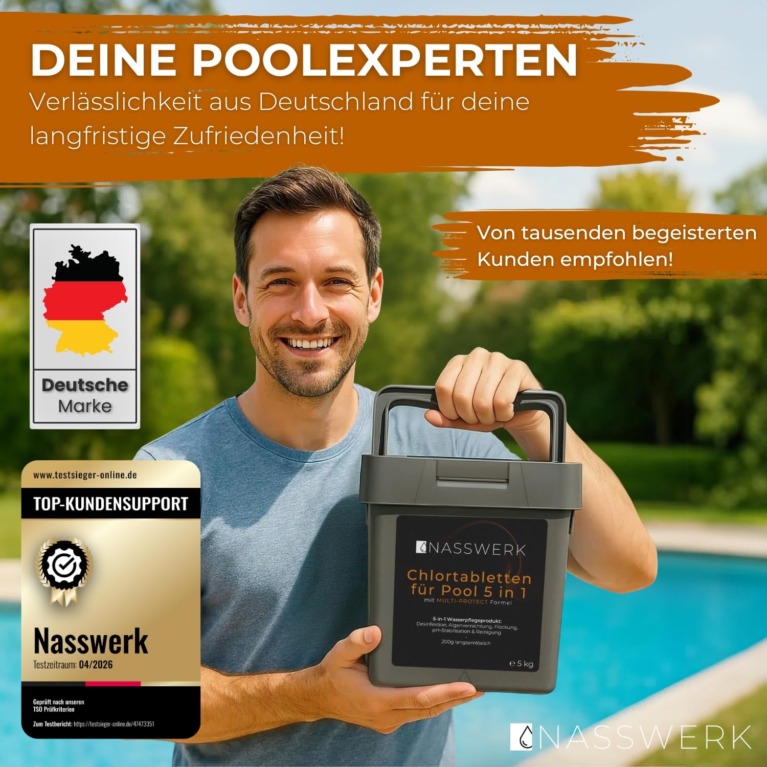 NASSWERK Chlortabletten für Pool 5 in 1 (5kg) | 200g Pooltabs Multitabs 5 in 1 mit Chlor, Algizid, pH Stabilisator, Flockungsmittel & Reiniger | Langzeit Multitabs Pool 200g für optimales Poolwasser