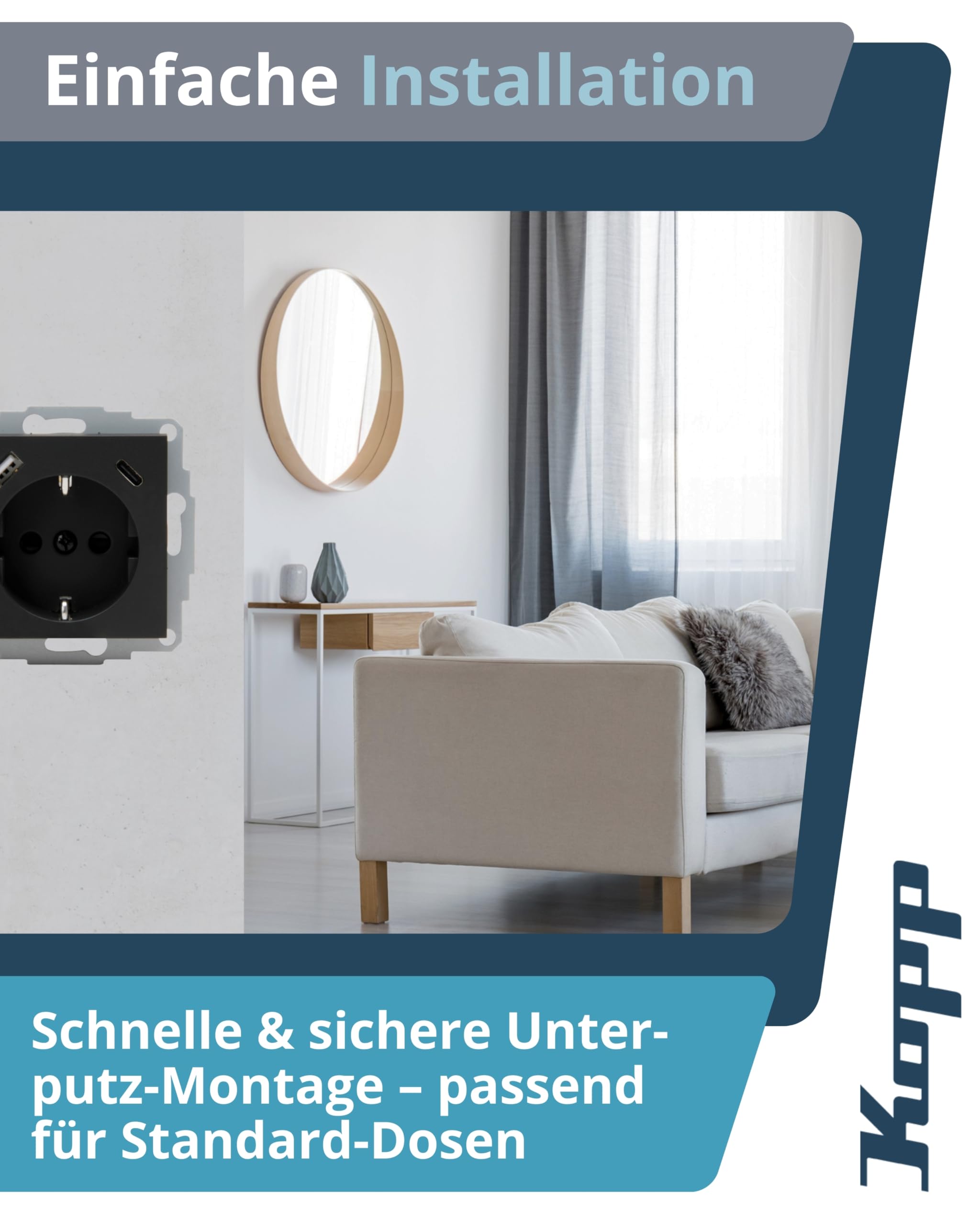 Kopp ATHENIS Unterputz-Steckdose mit USB A & USB C in Schwarz matt – Schutzkontakt-Steckdose mit integrierten Ladebuchsen – 16 A / 250 V~ IP20 – Steckklemmen & erhöhter Berührungsschutz
