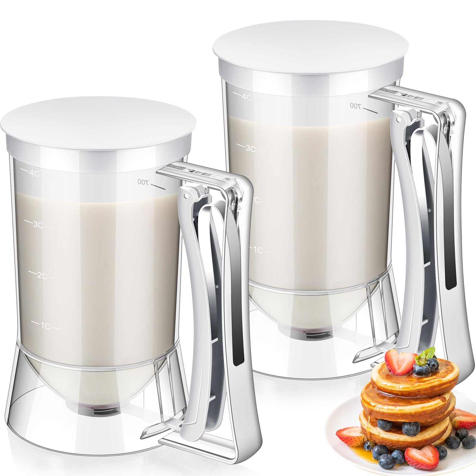 FillTouch 2 dispensadores de masa para panqueques con mango de compresión para parrilla, dispensador de mezcla, panqueques para hornear, cocina, cupcakes, galletas, gofres (blanco)