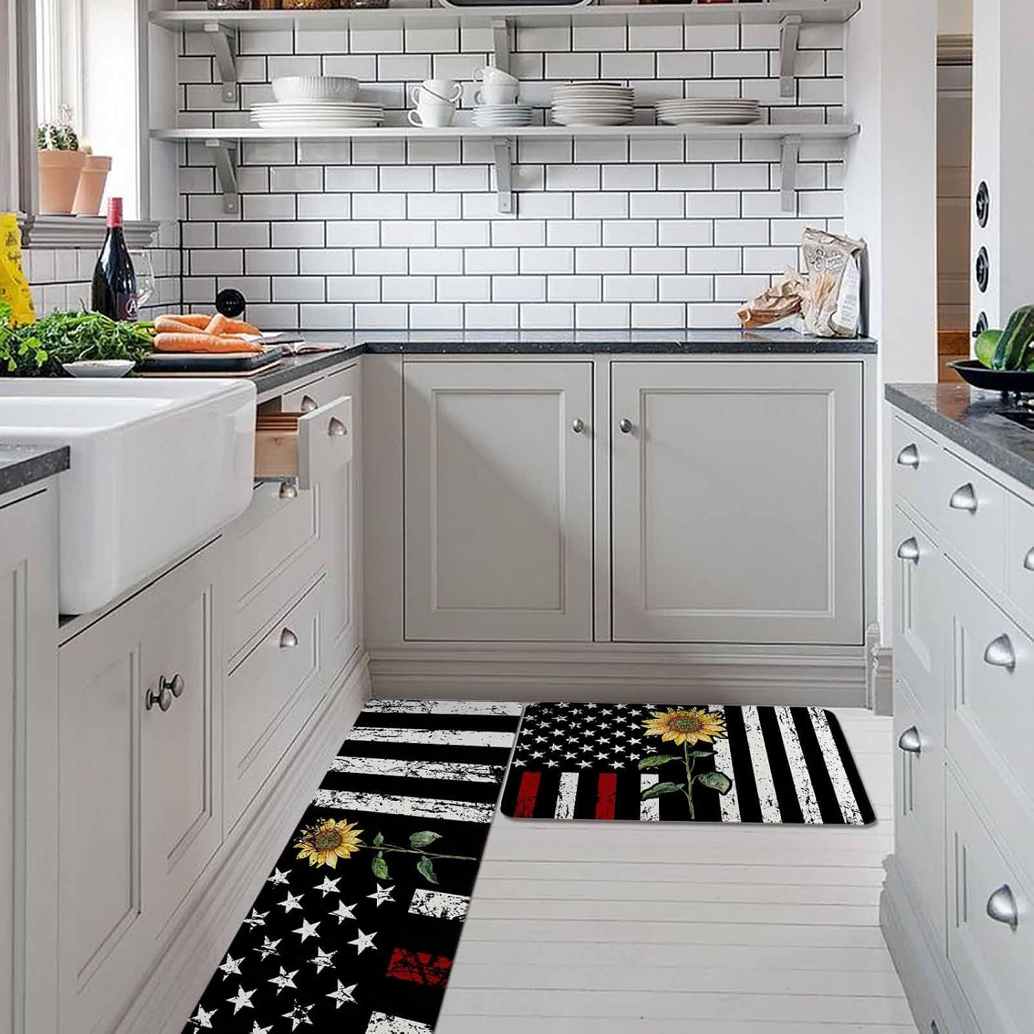 Red American Flag Kitchen Rugs and Mats Set of 2, Non-Slip Kitchen Sink Mat, Sunflower Vintage USA Flag Washable Doormat Bathroom Rugs Runner for Bedroom/Living Room 15.7"x23.6"+15.7"x47.2"