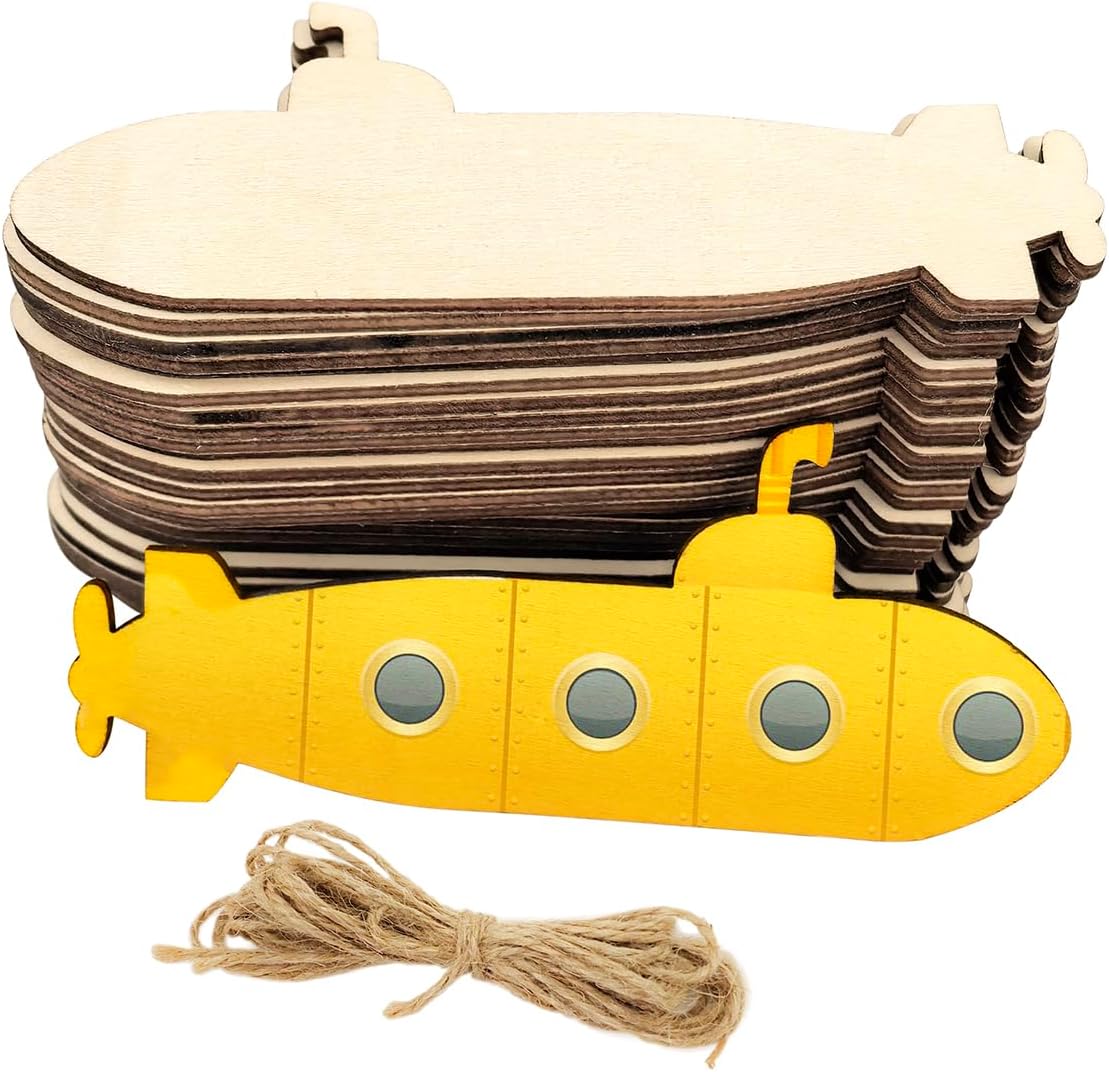 30 Pack 4 Inch Wood Submarine Cutouts Unfinished Wood Submarine Crafts Wooden Submarine Hanging Ornaments DIY Submarine Craft Gift Tags for Home Party Decoration