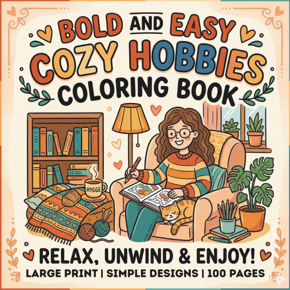 Bold and Easy Cozy Hobbies Coloring Book: Simple and Large Designs for Kids and Beginners | 50 Relaxing Hobby Scenes including Gardening, Baking, Painting, and More
