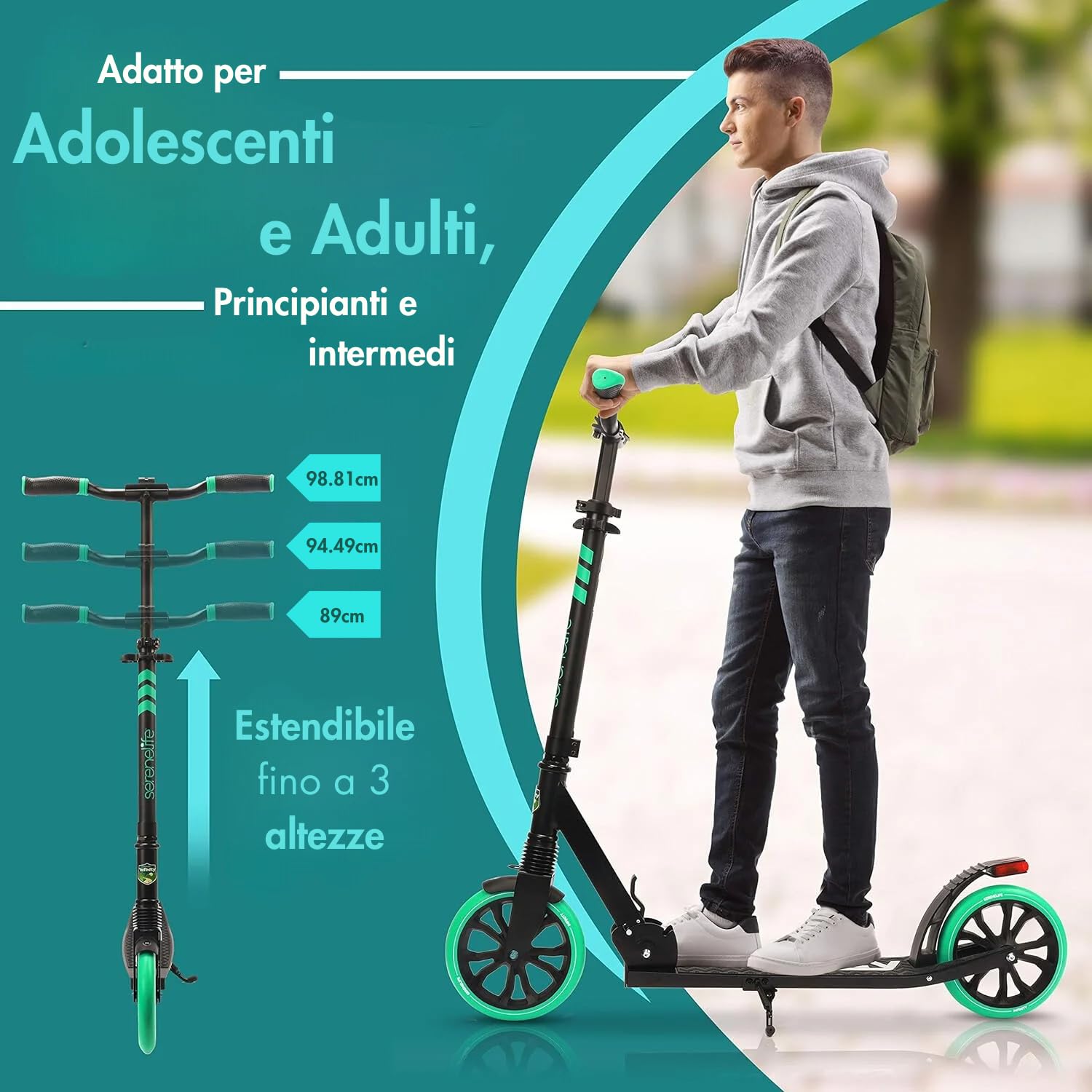SereneLife Monopattino, Monopattino Bambini da 8 Anni, 2 Ruote con Manubrio Regolabile, Adulti e Adolescenti, Antiscivolo, Monopattino Pieghevole, Monopattino a Spinta e Portatile con Tracolla