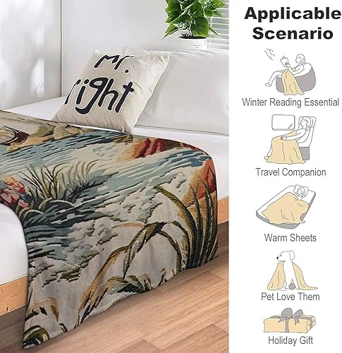 Miniatura 3 de Manta de franela escénica asiática china antigua, manta de lino marrón con pájaros y flores, manta de franela suave y cálida para sofá cama, 30 x 40