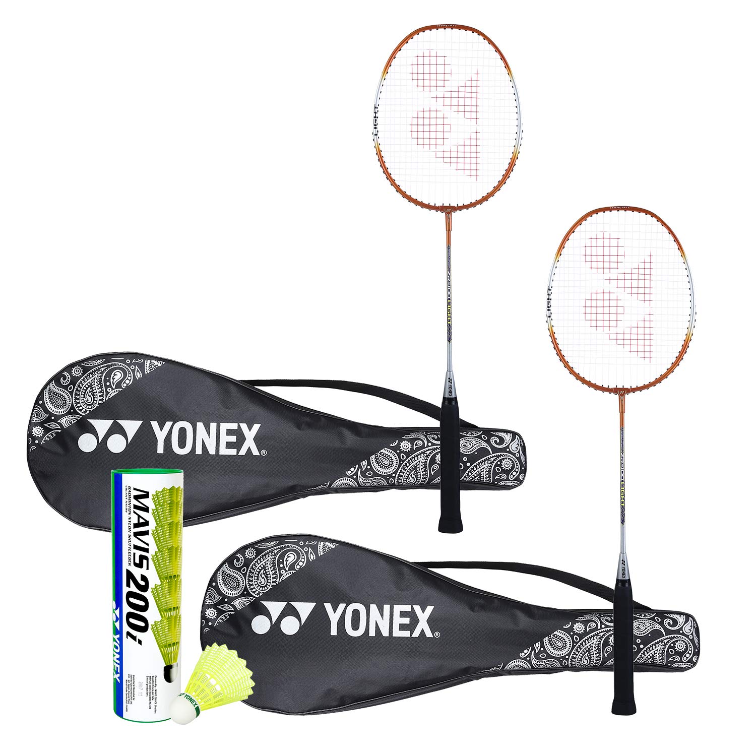 YONEX ZR 100 Aluminum Light Badminton Racquet with Full Cover (Orange) - Set of 2 with Mavis 200I Shuttlecock - Pack of 6 Badminton Combo
