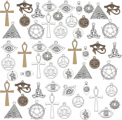 PH PandaHall Dijes de cruz de 14 estilos, 56 dijes de loto de yoga con estrella de David, ojo malvado, ojo de caballo, ojo egipcio, dije de aleación