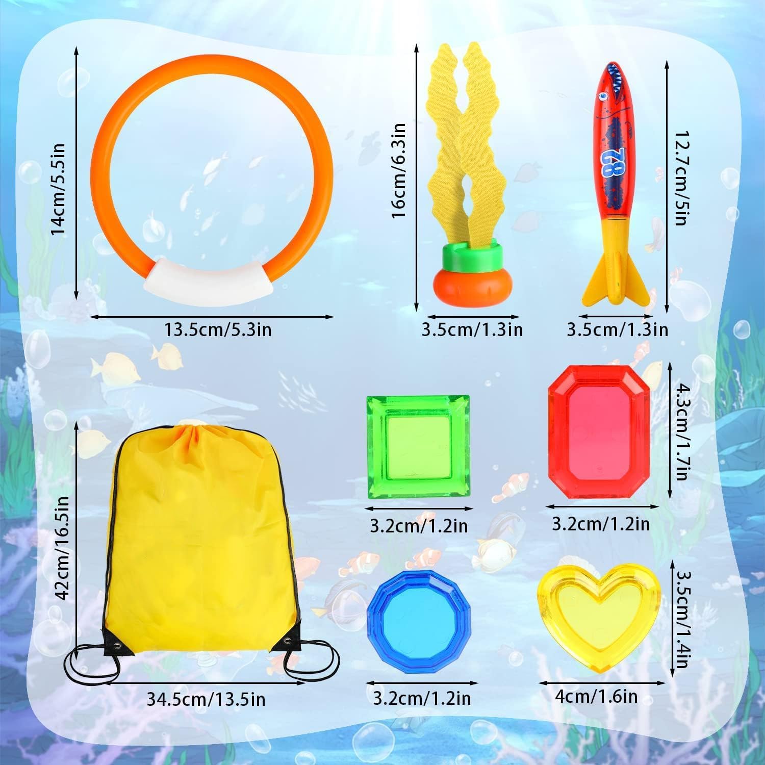 DERAYEE 20pcs Jouet de Plongée,Jouets Piscine Enfant avec Torpilles & Anneaux & Algues & Diamants
