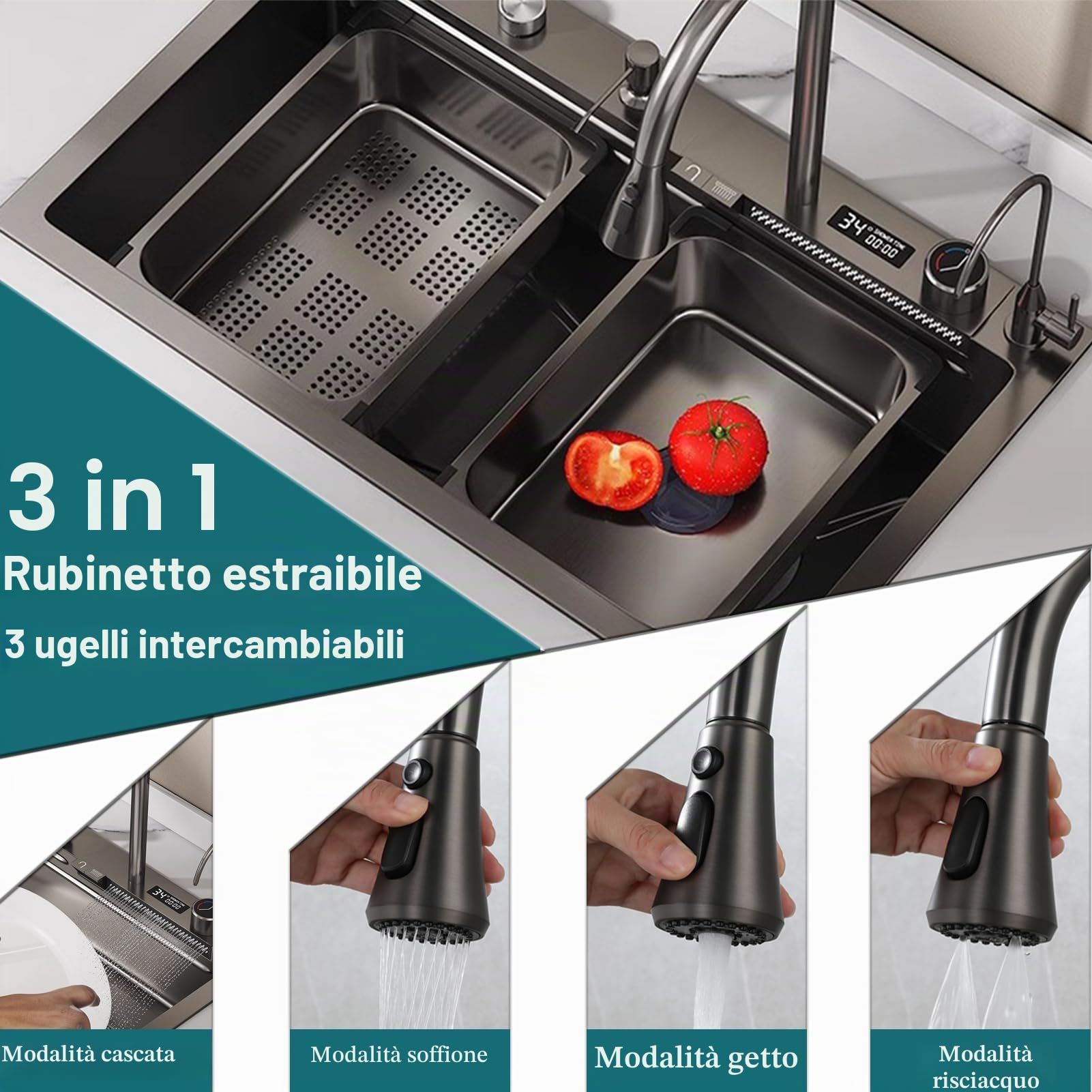 Lavandino Cucina Nero Antracite 85 x 50 cm,Lavello Cucina 1 vasca con LED rubinetto estraibile,Multifunzione Cucina in acciaio inox,Lavabo Cucina con Sifone Antiodore e Kit Scarico Completo