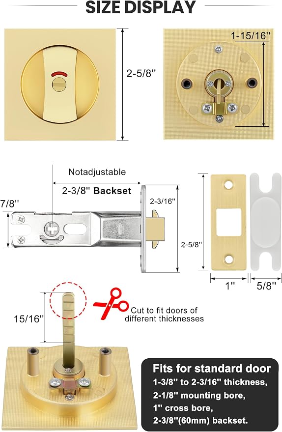 Cerradura para puerta empotrada Goldenwarm dorada cepillada cuadrada con indicador, herraje para puertas empotradas de 2-1/8" de perforación redonda, manijas para puertas deslizables de 1-1/4" a 2" de grosor, pestillo de 2-3/8", paquete de 2 unidades miniatura 3