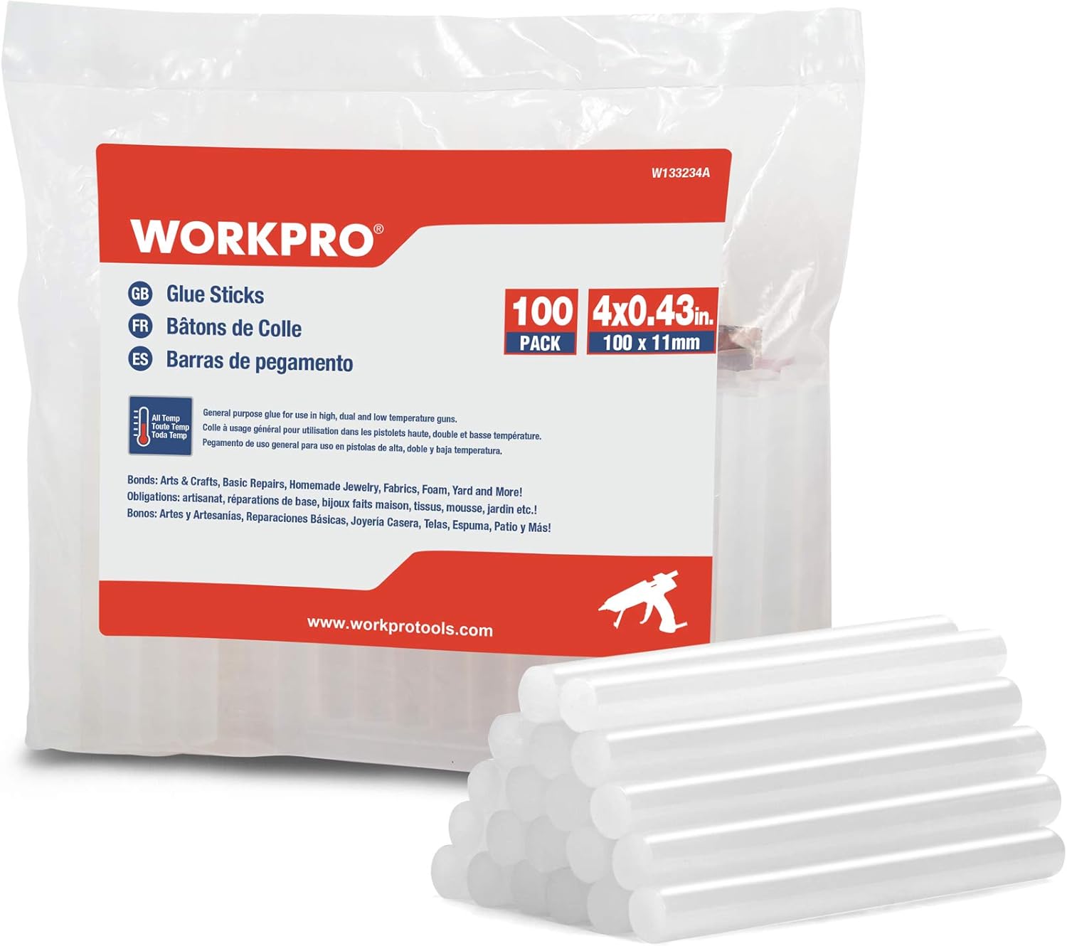 WORKPRO Full Size Hot Glue Sticks, 100-pack, 0.43x8 Inches, Compatible with Most Glue Guns, Multipurpose for DIY Art Craft General Repairs, Home Decoration and Gluing Projects -