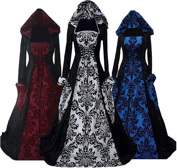 Robe Longue Médiévale Femme Pour Halloween - Style Gothique / Steampunk, Manches évasées, Avec Capuche - Taille S à 5XL