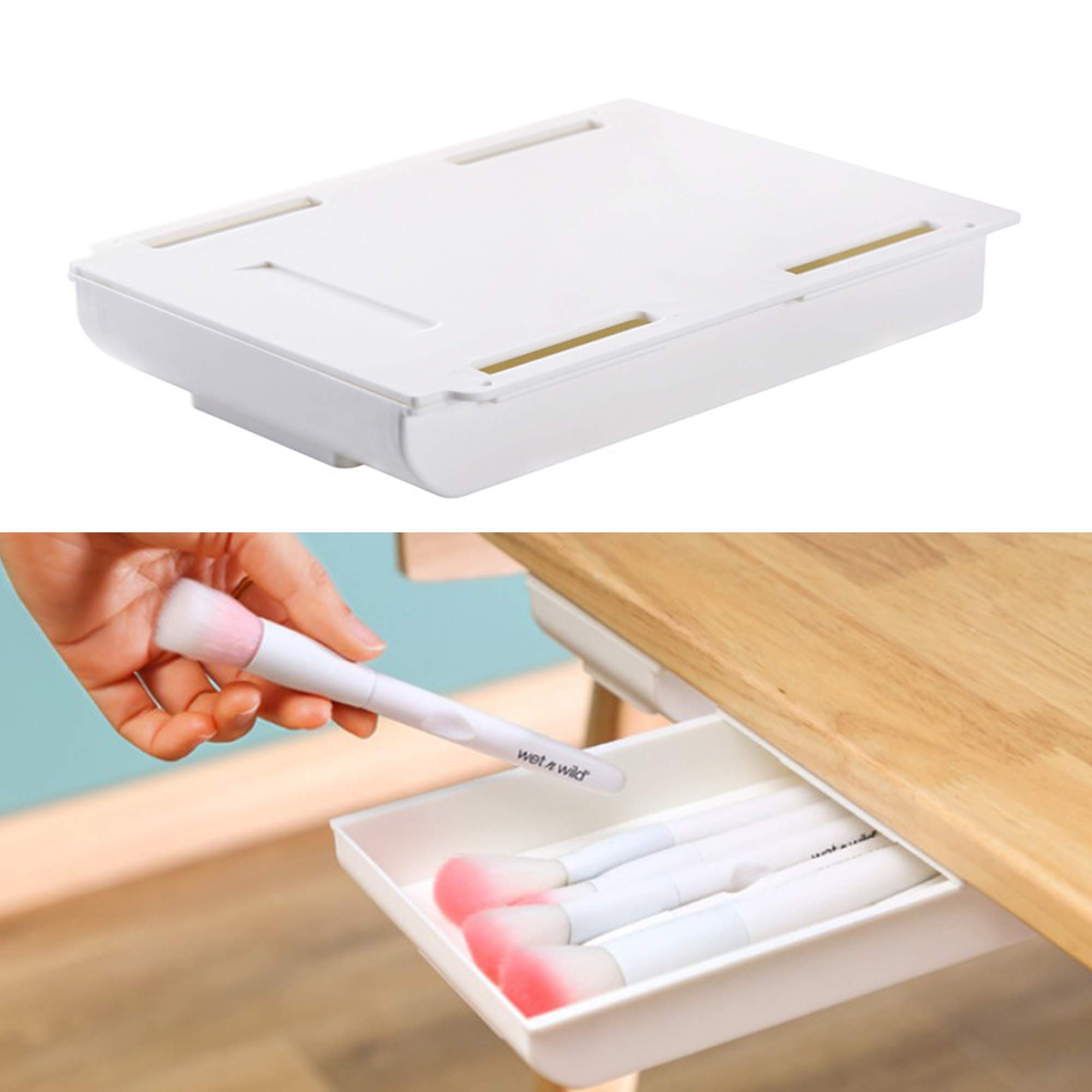 2 Organizer Sotto Scrivania Autoadesivi - Cassetti Nascosti Per Penne, Bianchi, 22x9x3.5cm