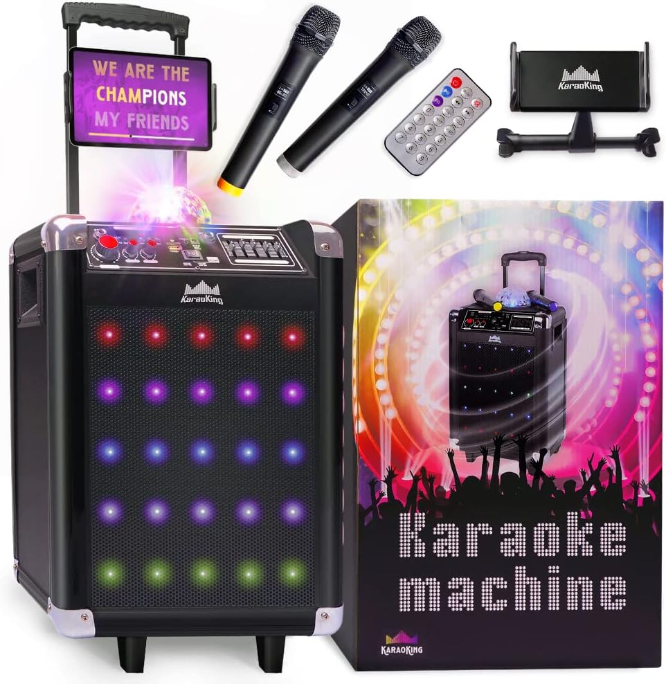 Karaoke Machine - Portable PA System with Wireless Mics, Subwoofer, Lights, Phone/Tablet Holder, Remote - For Adults & Kids