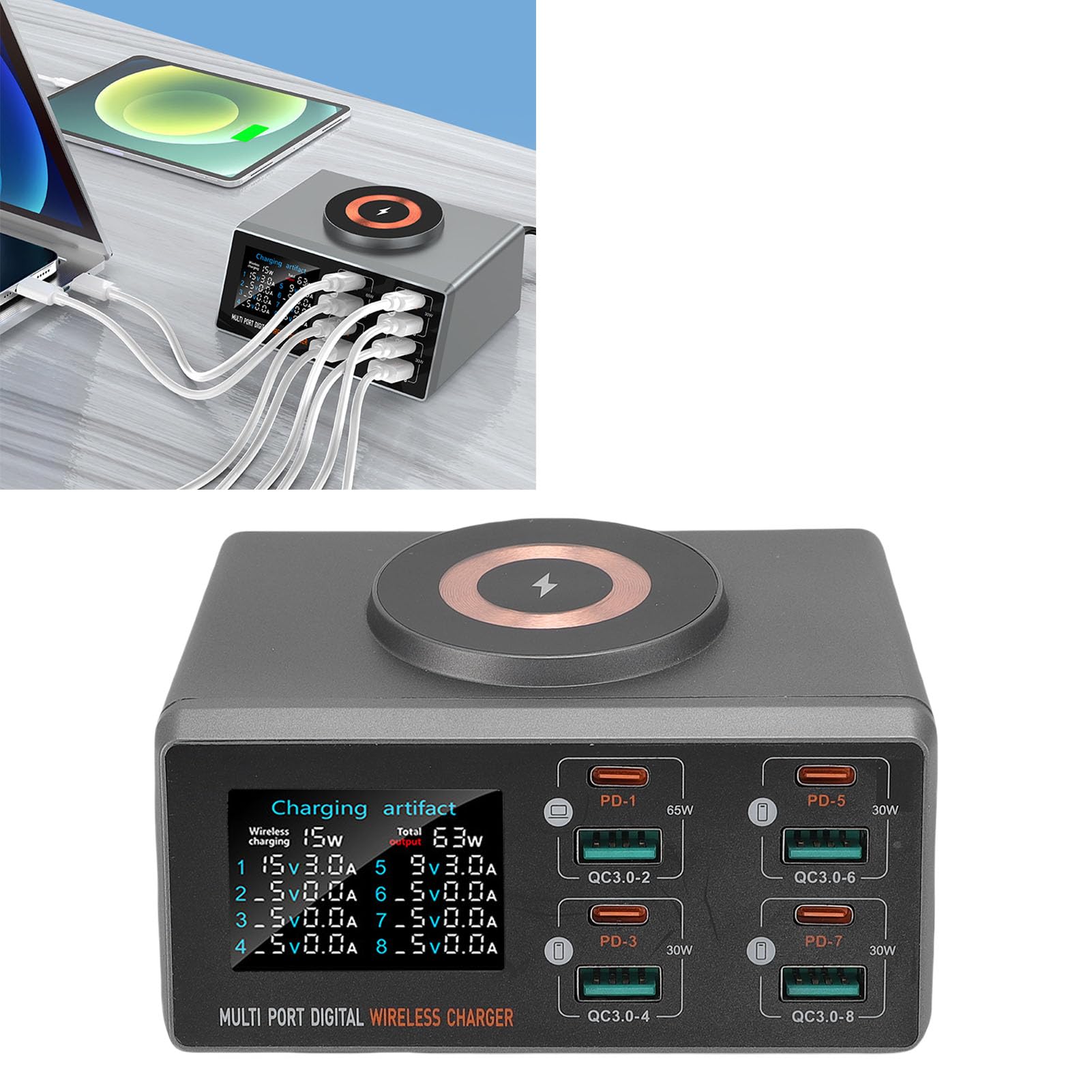 Stazione di Ricarica, Caricabatterie Tavolo 140W con Display LCD, Multiporta con PD da 65W, QC3.0, Ricarica Wireless Magnetica 15W, Supporta 9 (Spina europea)