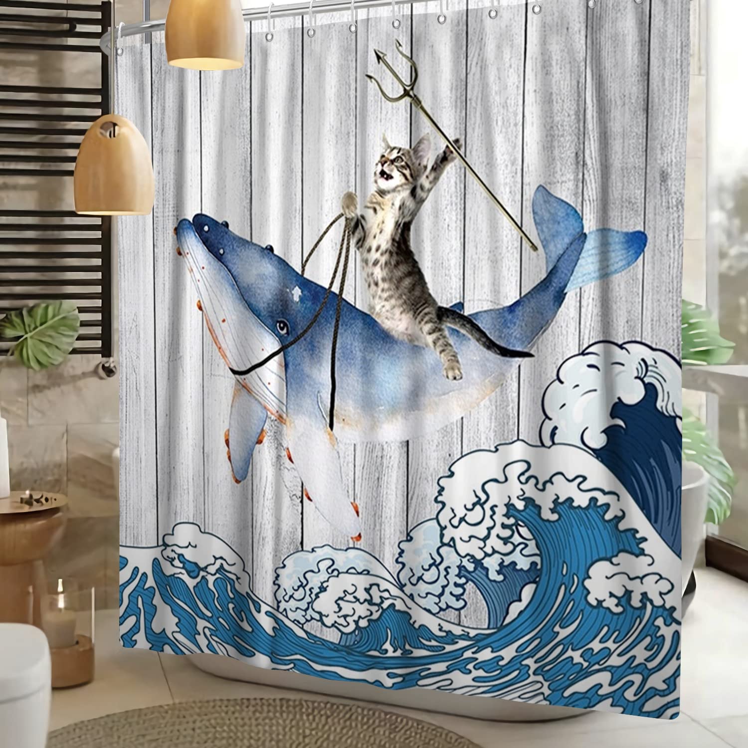 Cat s For Bathroom Cute Cool Ocean Cat With Weird Adults Beach UFO Fun Bath  Set With 12 Hooks For Adults Kids Bathroom Decor Accessories, 72\, image size:1500x1500