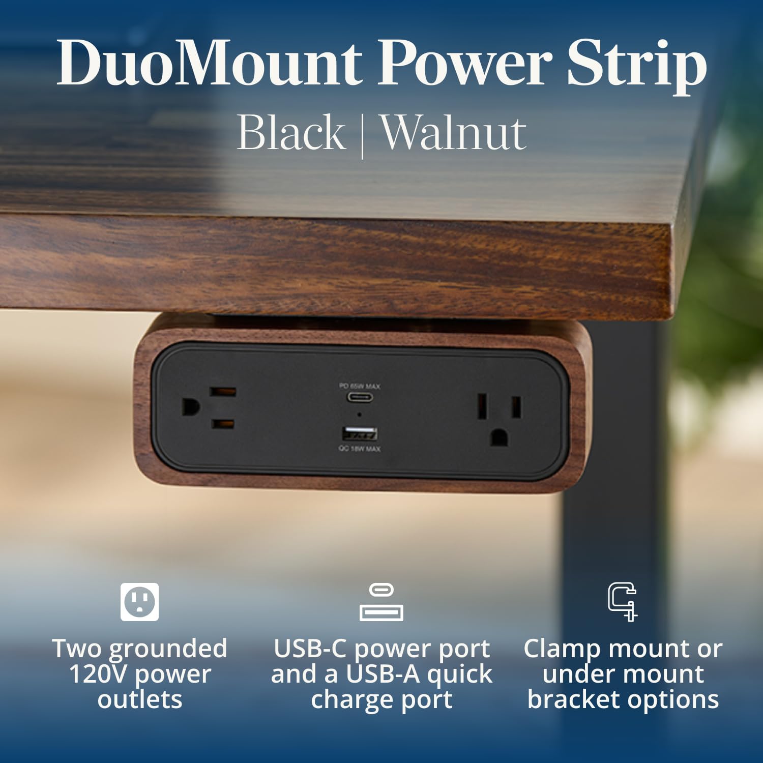 UPLIFT DESK DuoMount Desk Clamp Power Strip – USB-C & USB-A Charging Desk Power Strips with 10ft Cord, Edge Mount Hub for Home Office and Gaming Accessories (Black, Walnut)