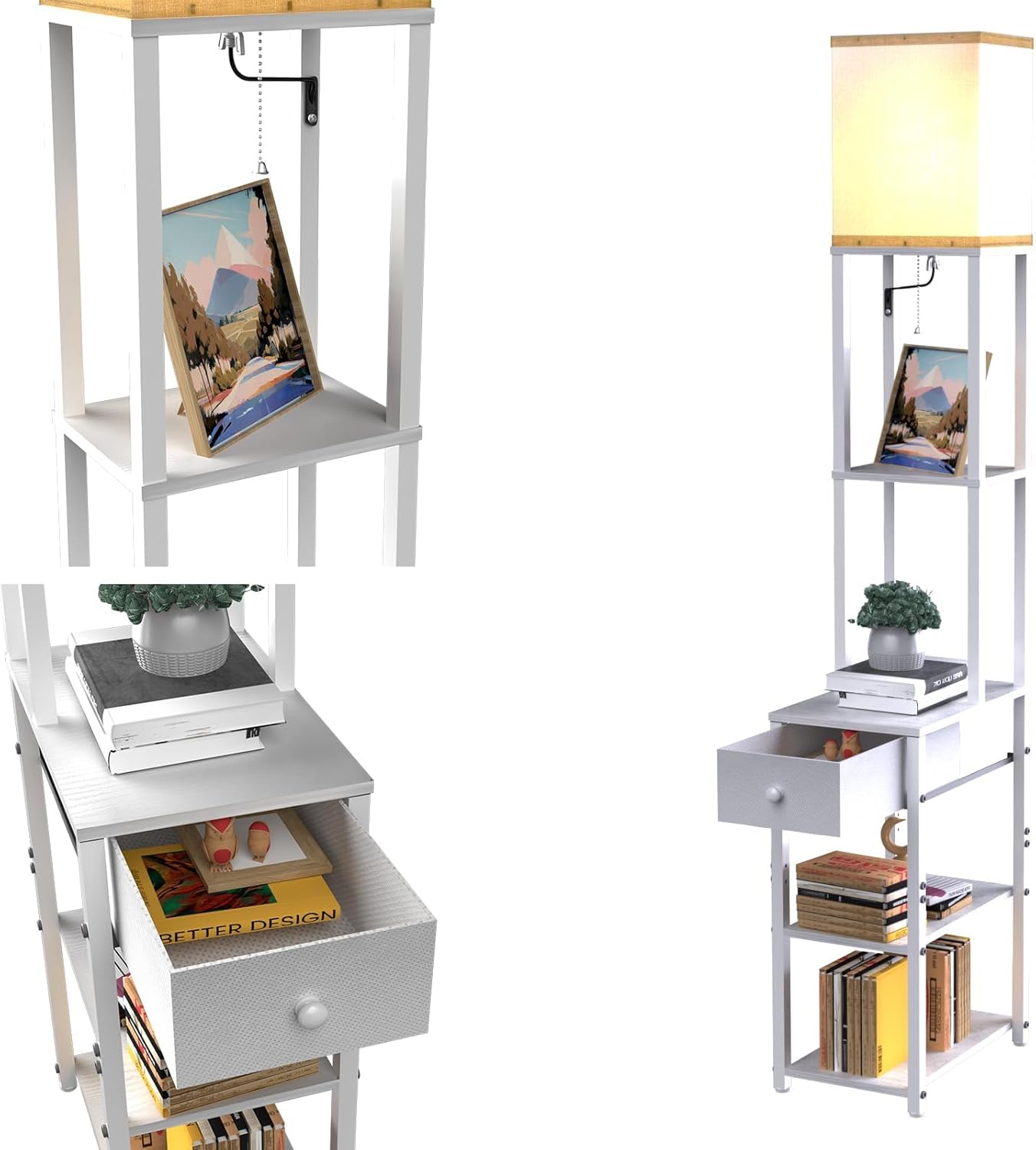 Lightdot Floor Lamp with Shelves&Drawer, Modern Sofa Lamp with Off-White Fabric Lampshade, Display Corner Floor Lamp with Storage Table for Living Room, Bedroom and Office-White-F