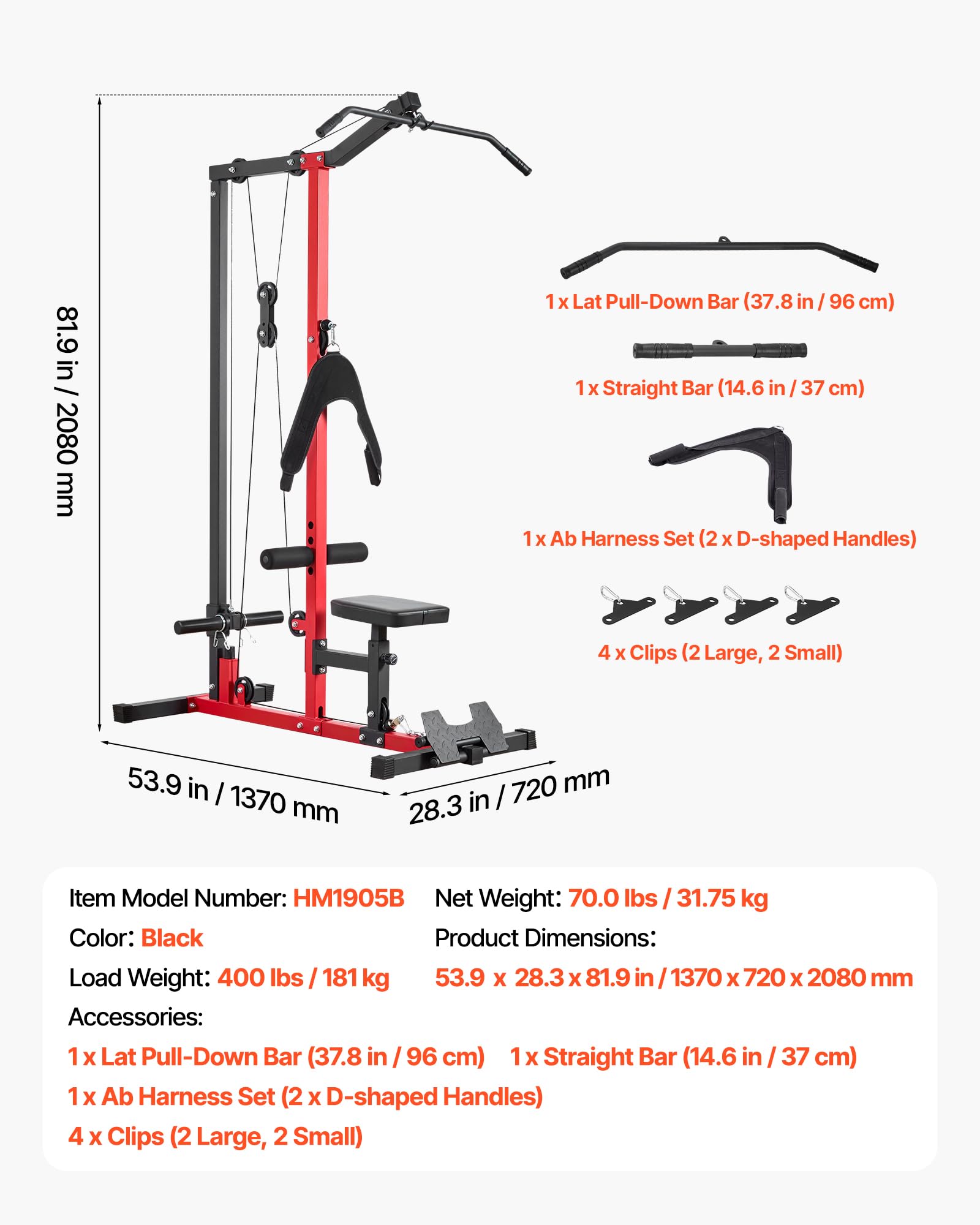 VEVOR Machine à tirer vers le bas, machine à câbles 3 en 1, machine à câble, salle de sport à domicile avec siège réglable à 3 niveaux, rouleau en mousse réglable à 4 niveaux, charge de 400/226,8 kg