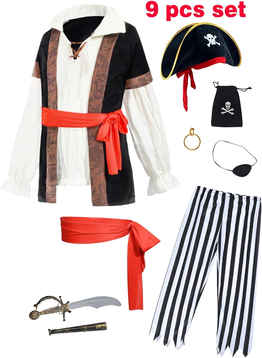9 PCS Pirate Costume Kids Coat Pants Hat with Accessories Deluxe Set for Party Cosplay 3-12 Years - Image 3