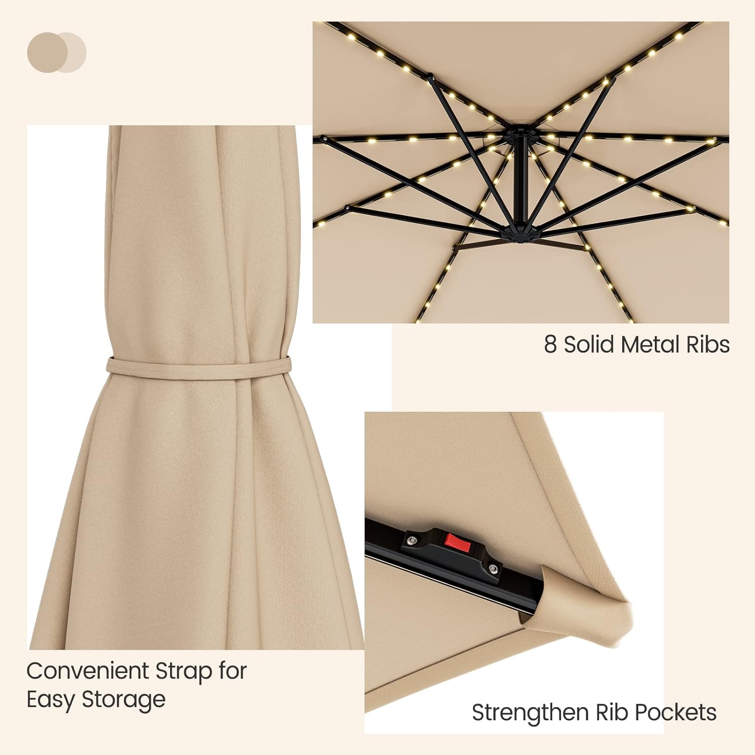 HAPPYGRILL 10FT Offset Patio Umbrella with Solar Lights, Cantilever Umbrella with Tilt Design, Crank Handle, Cross Base Stand