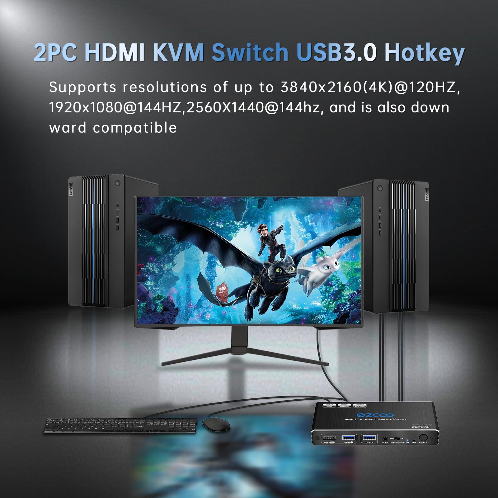 8K 60Hz 4K 120Hz HDMI 2.1 KVM Switch USB 3.0 2 porte con Hotkey 48Gbps Condividi 2 computer con una tastiera Mous HDR D-olby Vision HDCP2.2 Telecomando USB3.0 Cavo incluso