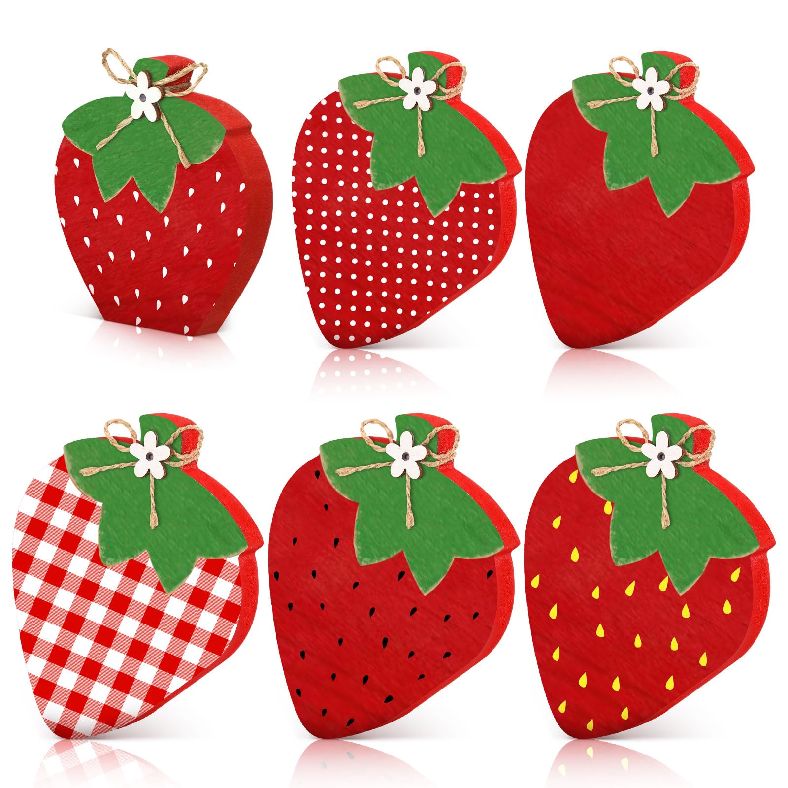 6 Pcs Wood Strawberries Summer Decor Summer Tier Tray Decor Strawberry Decor Wood Table Signs Wood Block Signs Party Tiered Tray Decor for Holiday Party Home Decoration Supplies