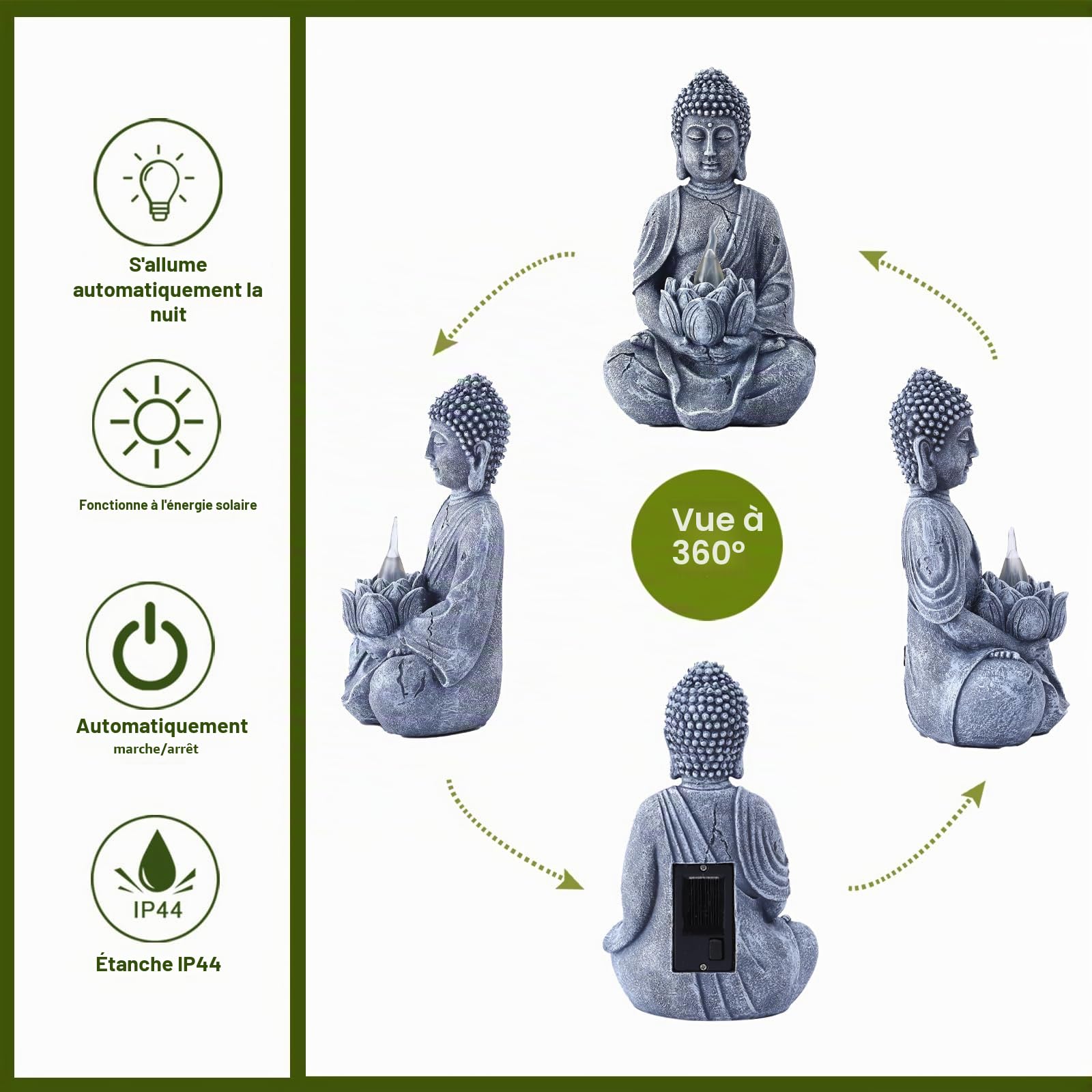 Goodeco Statue de Bouddha pour décoration intérieure et extérieure, lampe de jardin solaire à LED clignotante, méditation zen, décoration spirituelle de pièce (Bouddha zen)