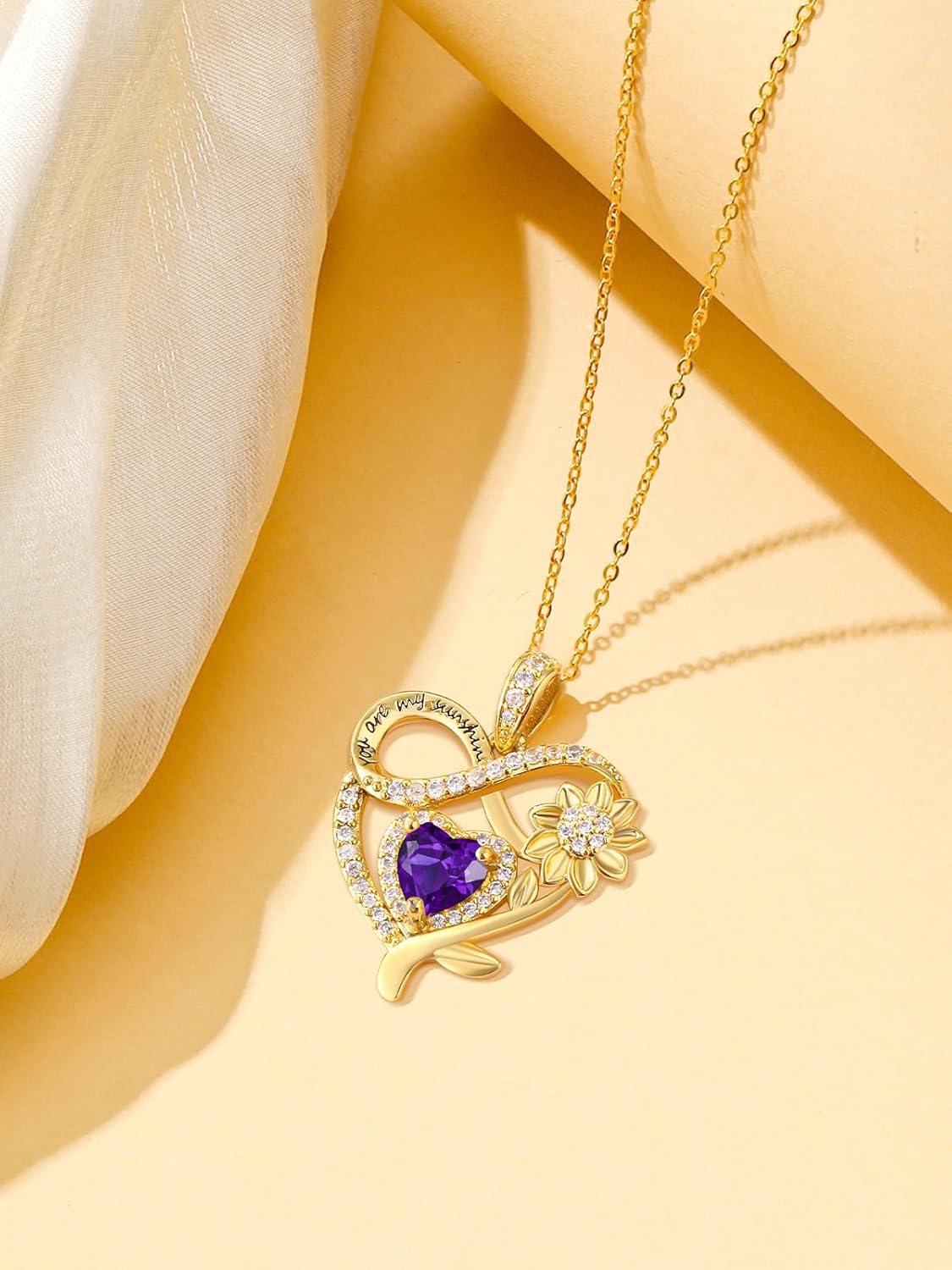 14K Gold Sunflower Heart Valentines Necklace for Women, You Are My Sunshine Jewelry with Birthstone Pendant.Valentines Anniversary Birthday Gifts for Her Wife Mom Grandma Daughter - Image 4